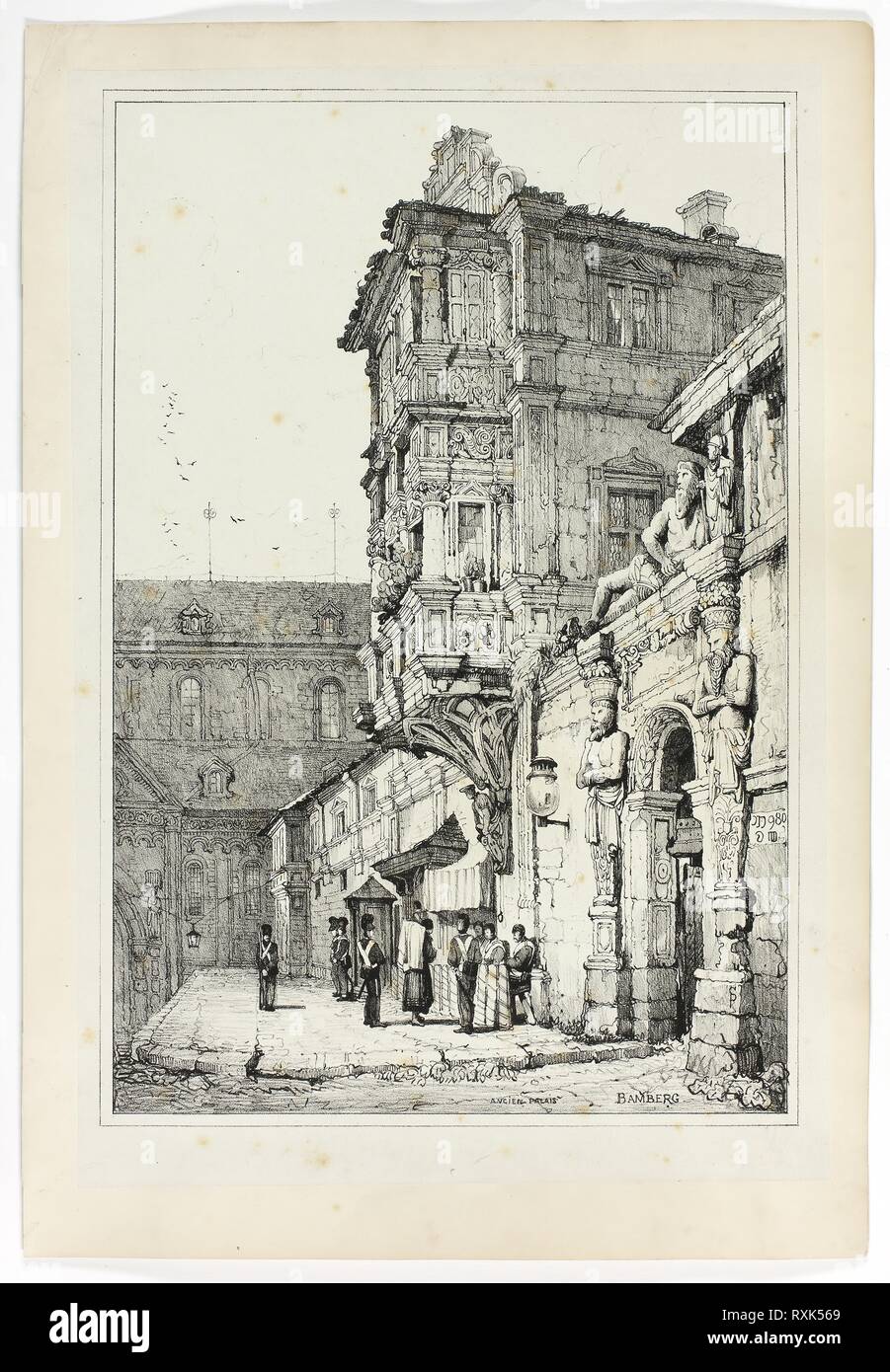 Ancien palais, Bamberg. Samuel Prout (anglais, 1783-1852) ; probablement imprimé par Charles Joseph Hullmandel (anglais, 1789-1850) ; probablement publié par Rudolph Ackermann (anglais, 1764-1834). Date : 1833. Dimensions : 290 × 425 mm (image) ; 310 × 445 mm (support principal) ; 345 × 500 mm (support secondaire). Lithographie en noir sur chine ivoire grisâtre, fixées sur papier vélin ivoire. Origine : Angleterre. Musée : le Chicago Art Institute. Banque D'Images