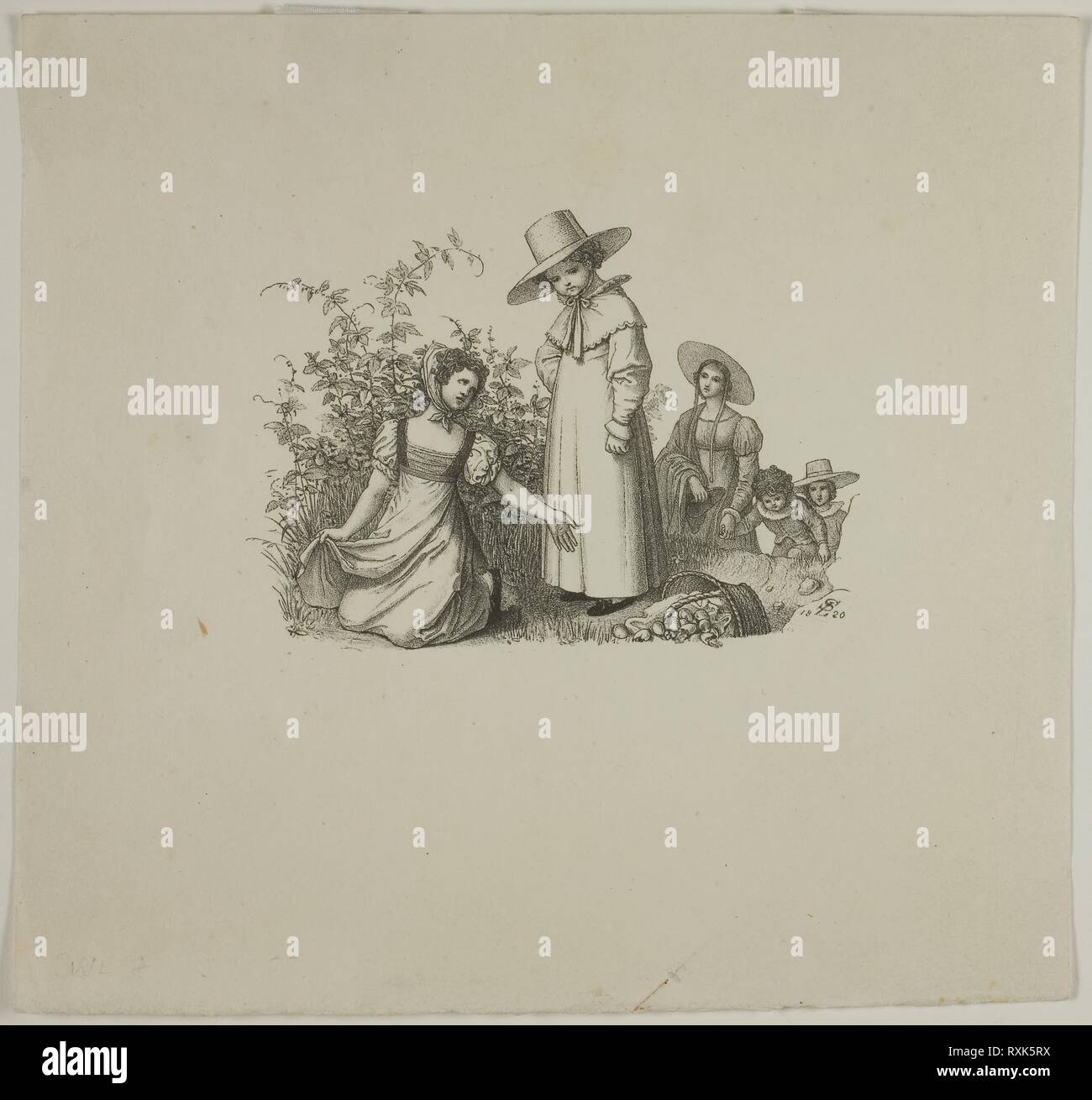 Famille avec des paniers de pique-nique. Ferdinand Ludwig Schnorr von Carolsfeld ; allemand, 1788-1853. Date : 1820. Dimensions : 82 x 110 mm (image) ; 185 x 195 mm (feuille). Lithographie sur vélin crème. Origine : Allemagne. Musée : le Chicago Art Institute. Banque D'Images