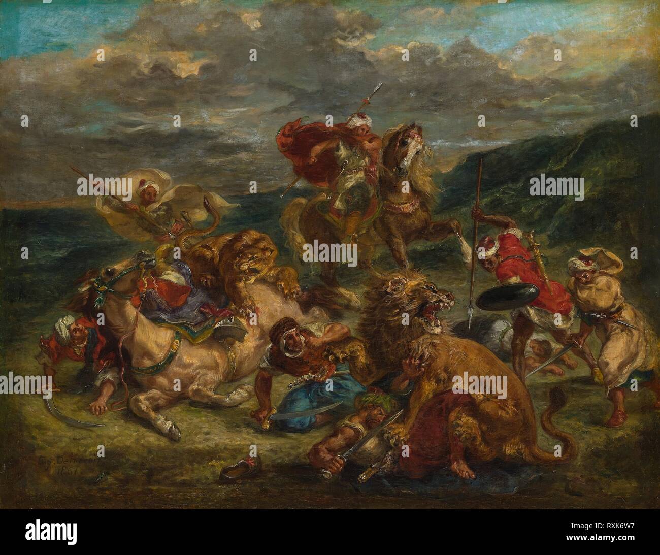 Chasse aux lions. Eugène Delacroix ; français, 1798-1863. Date : 1860-1861. Dimensions : 30 x 38 1/2 in. (76,5 × 98,5 cm). Huile sur toile. Origine : France. Musée : le Chicago Art Institute. Banque D'Images
