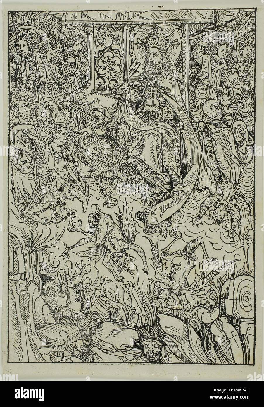 La chute de Lucifer et les Anges rebelles (verso) ; le rassemblement des anges (recto), trois pages et deux par le Conseil du Trésor (Schatzbehalter). Michael Wolgemut et atelier (allemand, 1434/37-1519) ; publié par Anton Koberger (allemand, 1440-1513). Date : 1491. Dimensions : 250 × 175 mm (image/bloc, recto et verso) ; 267 × 184 mm (feuille). Gravure sur bois sur papier vergé ivoire. Origine : Allemagne. Musée : le Chicago Art Institute. Auteur : Michel Wolgemut. Banque D'Images