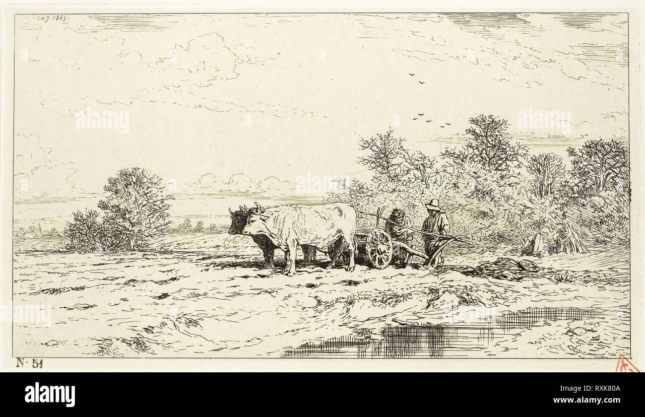 Paysage avec des ouvriers agricoles. Charles Émile Jacque ; français, 1813-1894. Date : 1845. Dimensions : 111 × 198 mm (image) ; 116 × 205 mm (Chine) ; 121 × 206 mm (plaque) ; 301 × 425 mm (feuille). Gravure sur papier crème Chine fixées sur papier vélin ivoire. Origine : France. Musée : le Chicago Art Institute. Banque D'Images