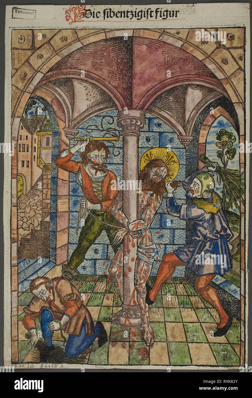 La flagellation du Christ (verso), et les israélites esclaves en Égypte (recto), de Schatzbehalter (Conseil du Trésor), la plaque de 21 gravures sur bois dans les livres de la 15e siècle. Michel Wolgemut (allemand, 1434/37-1519), imprimées et publiées par Anton Koberger (Allemand), ch. 1440/45-1513) ; texte original par Stephan Fridolin (Allemand), ch. 1430-1498) ; texte portefeuille par Wilhelm Ludwig Schreiber (allemand, 1855-1932). Date : 1491. Dimensions : 250 x 175 mm (image/bloc, verso) ; 252 x 176 mm (image/bloc, recto) ; 272 x 182 mm (feuille). Gravure sur bois en noir avec la main, les acquisitions et la typographie en noir avec rubrication (r Banque D'Images