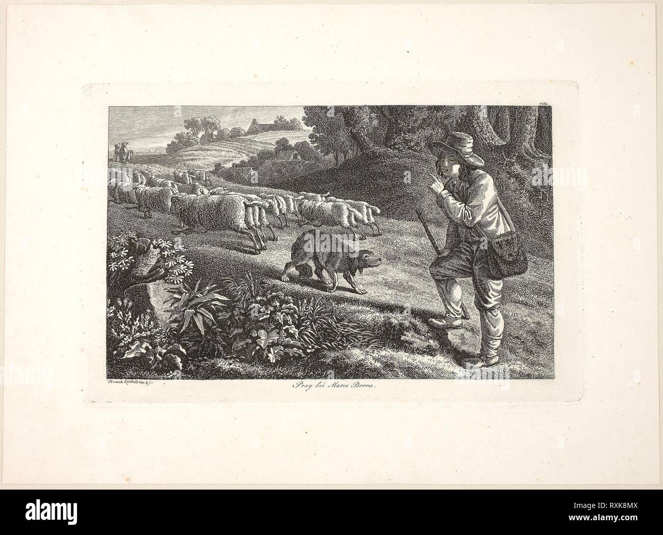 Arcadian jeune berger et son troupeau de moutons. Heinrich Reinhold ; allemand, 1788-1825. Date : 1810. Dimensions : 112 x 169 mm (image) ; 122 x 190 mm (plaque) ; 182 x 249 mm (feuille). Eau-forte sur papier vélin. Origine : Allemagne. Musée : le Chicago Art Institute. Banque D'Images