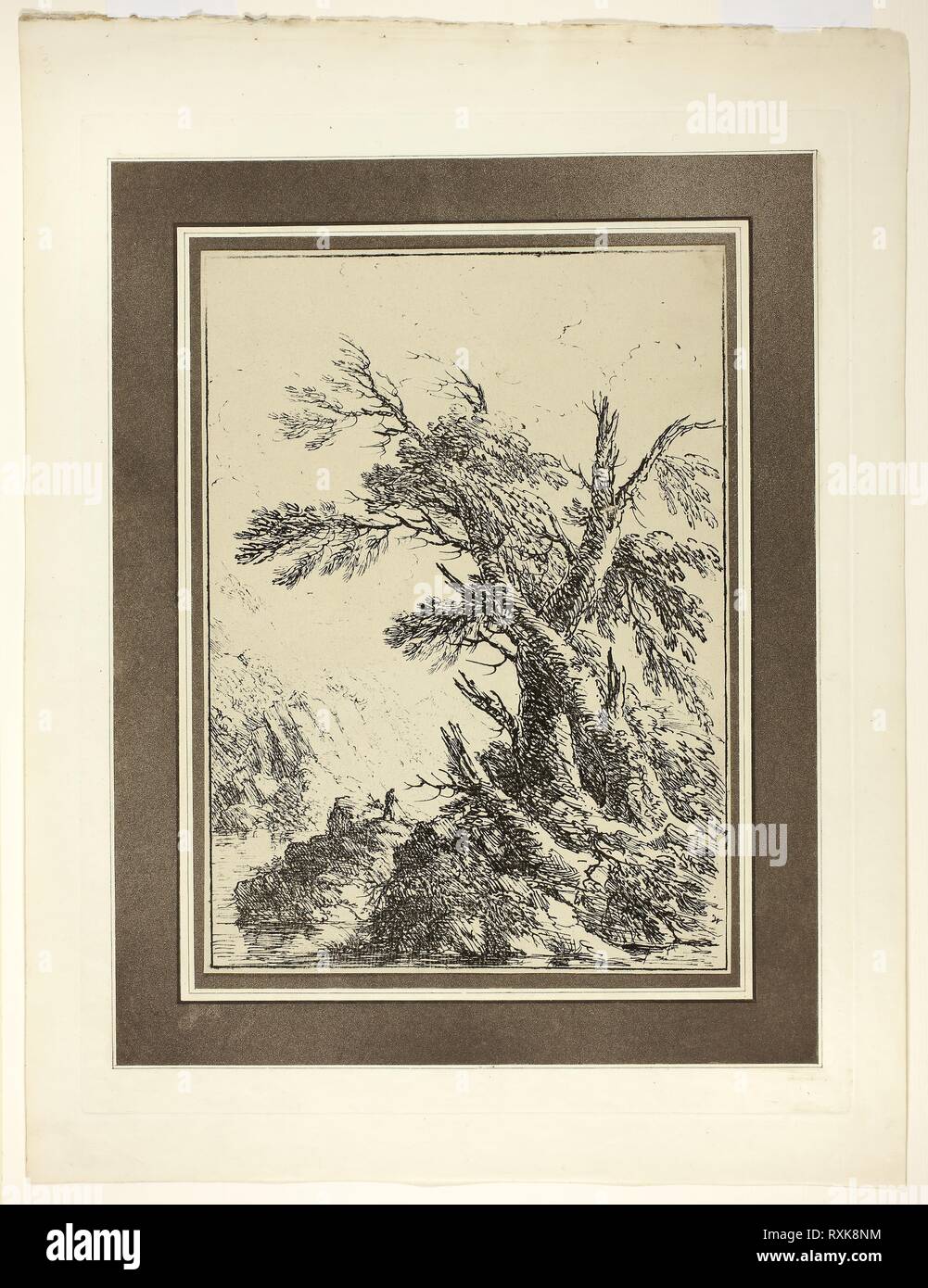 Paysage avec de vieux arbres par l'eau, à partir de la première question de spécimens d'Polyautography. Henry Richard Greville, 3 comte de Warwick et Brooke (anglais, 1779-1853) ; publié par Philipp André (allemand, actif à Londres, 1800-1805) et James Heath (anglais, 1757-1834). Date : 1803. Dimensions : 307 x 222 mm (image/support principal) ; 490 x 375 mm (support secondaire). Lithographie en noir sur vélin crème, sur support avec frontière aquatinte en brun sur vélin crème. Origine : Royaume-Uni. Musée : le Chicago Art Institute. Banque D'Images
