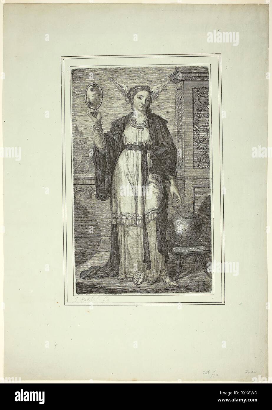 Personnification féminine de la science. Joseph Fratrel ; français, 1730-1783. Date : 1776. Dimensions : 339 × 257 mm (plaque) ; 565 × 395 mm (feuille). Gravure sur bleu-vert pâle sur papier. Origine : France. Musée : le Chicago Art Institute. Banque D'Images