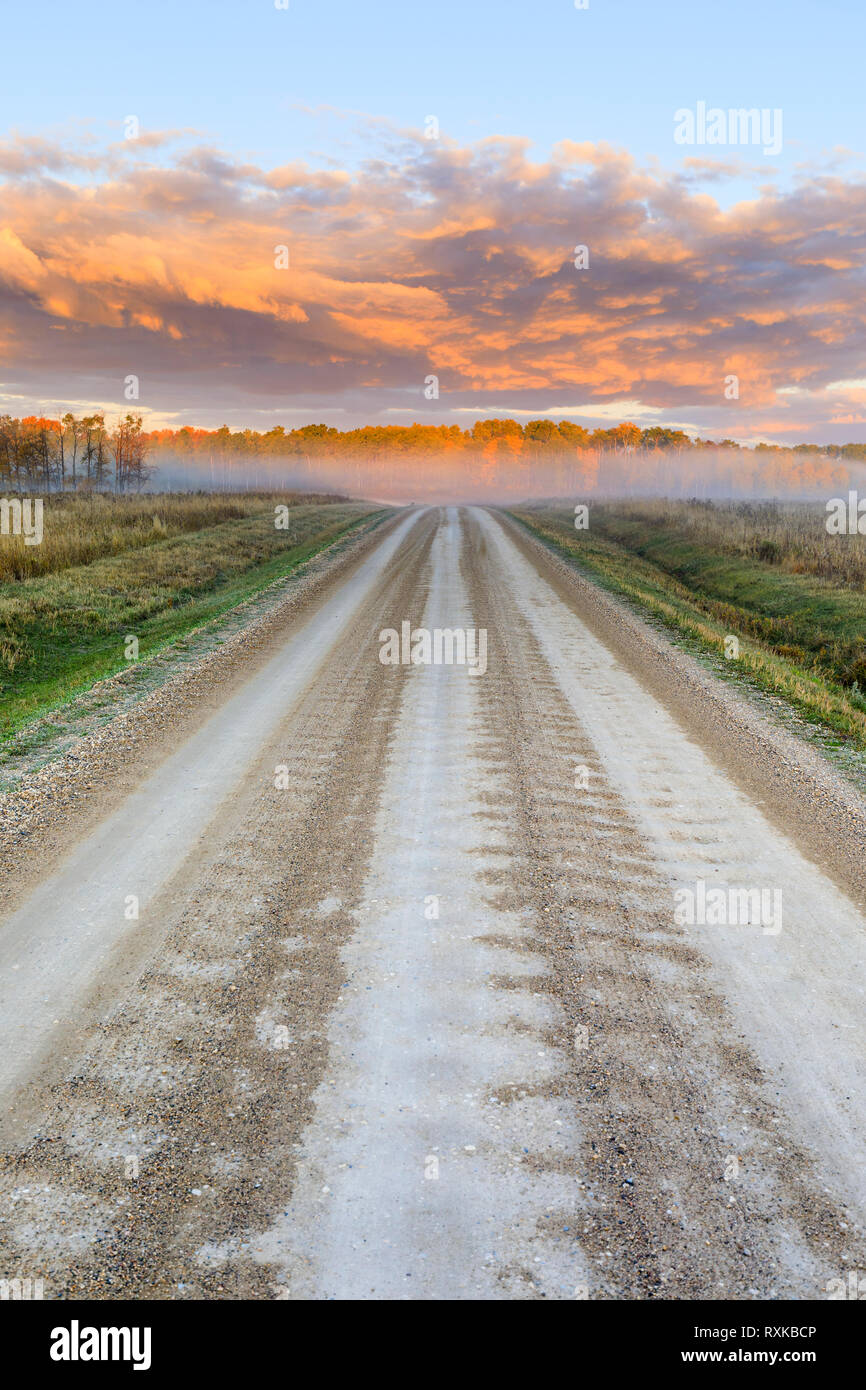 Route de terre au lever du soleil, l'ouest du Manitoba, Canada. Banque D'Images