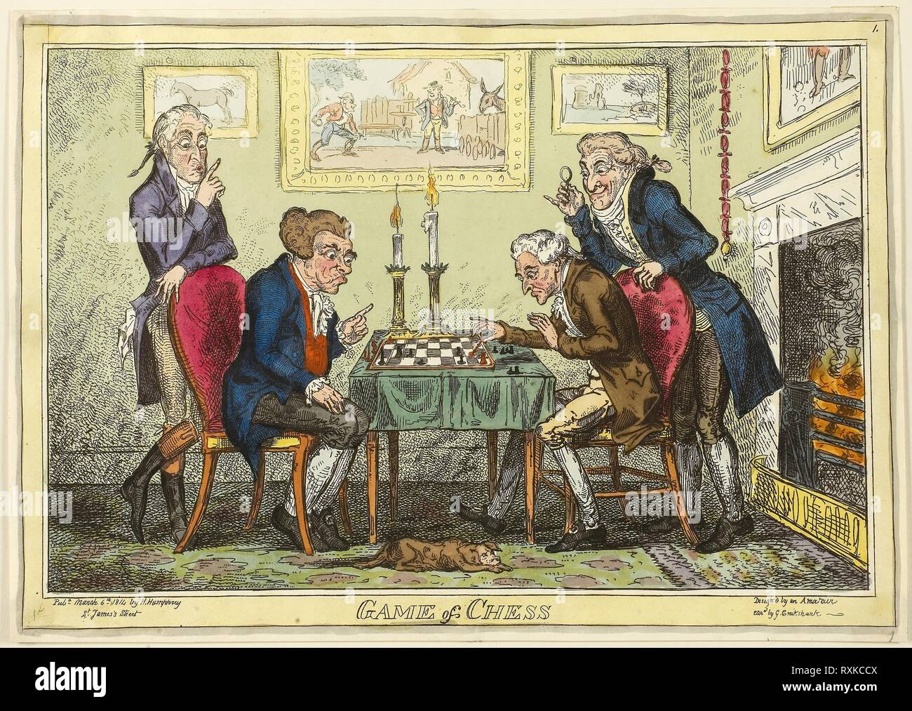 Jeu d'échecs. George Cruikshank (anglais, 1792 à 1878) ; après le Capitaine Frederick Marryat (anglais, 1792-1848) ; publié par Hannah Humphrey (Anglais), ch. 1745-1818). Date : 1814. Dimensions : 238 × 345 mm (image) ; 250 × 352 mm (feuille coupée à la plaque d'interrogation). À la main, gravure sur papier. Origine : Angleterre. Musée : le Chicago Art Institute. Banque D'Images