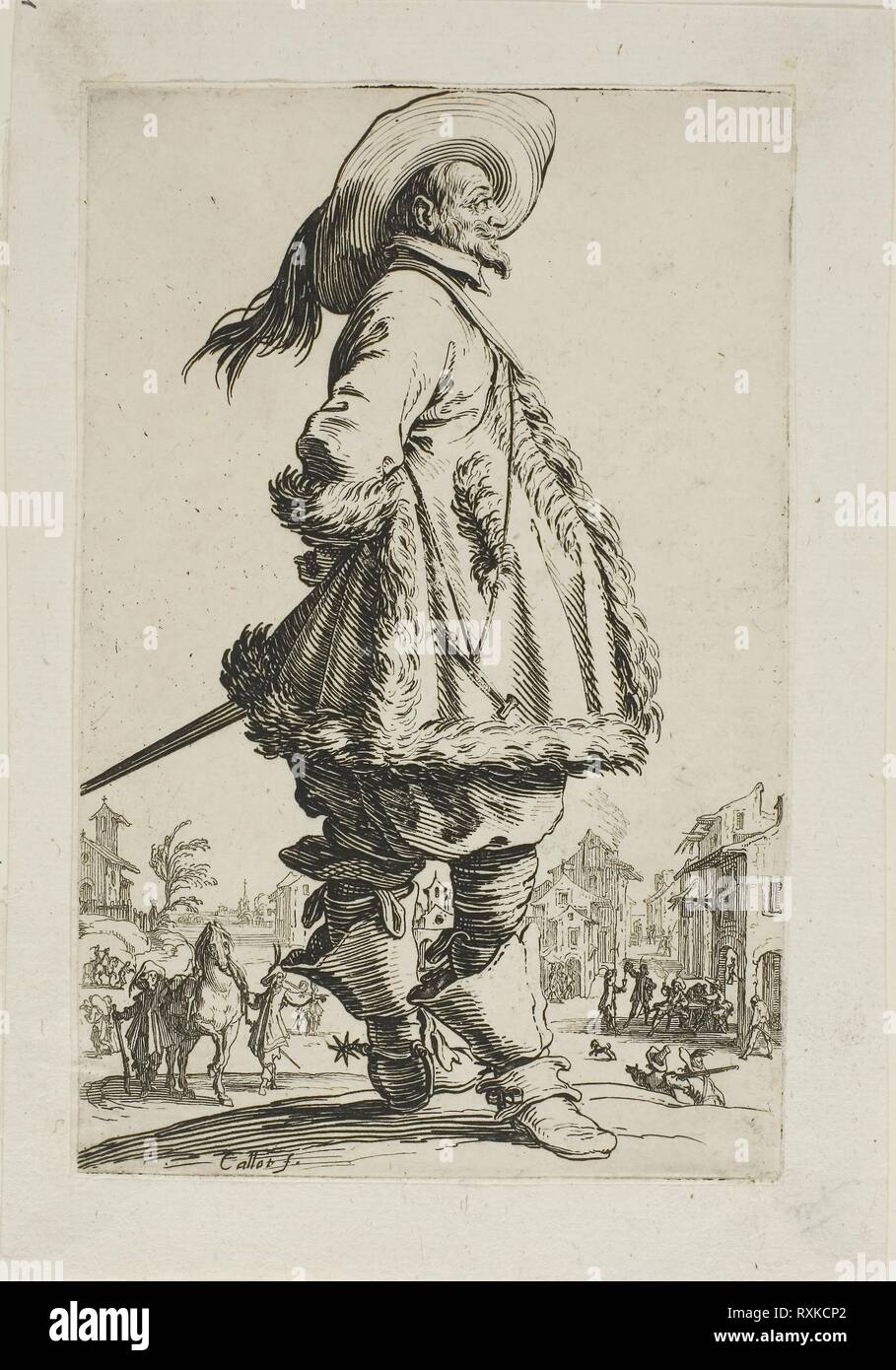 Le monsieur en une Fur-Trimmed manteau, tenant ses mains derrière son dos, la noblesse de la plaque 7. Jacques Callot ; français, 1592-1635. Date : 1620-1623. Dimensions : 142 × 92 mm (image) ; 168 × 116 mm (feuille). Gravure sur papier. Origine : France. Musée : le Chicago Art Institute. Banque D'Images