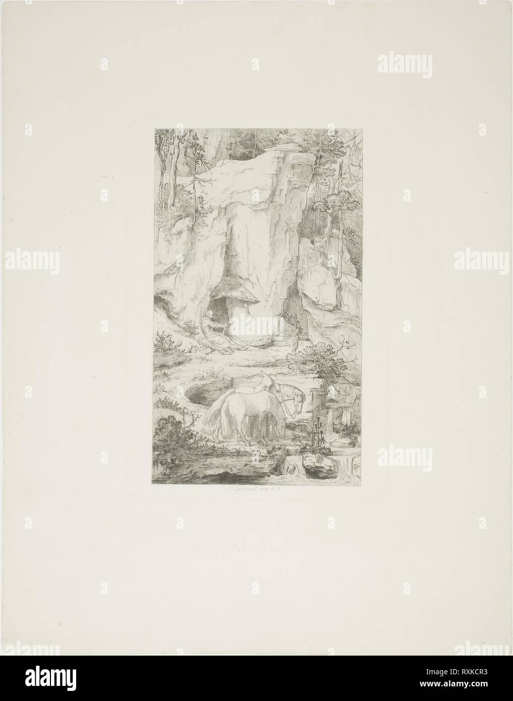 Un ermite menant son cheval à l'eau. Moritz von Schwind, autrichien, 1804-1871. Date : 1840. Dimensions : 180 × 104 mm (image) ; 193 × 131 mm (plaque) ; 330 × 255 mm (feuille). Gravure sur papier. Origine : Autriche. Musée : le Chicago Art Institute. Banque D'Images