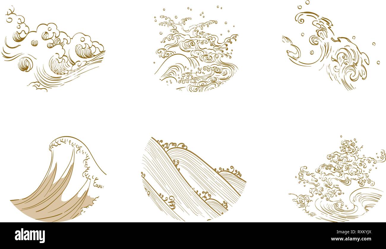 L'icône de l'onde asiatique vector set. Symbole de l'eau plate. Illustration de Vecteur