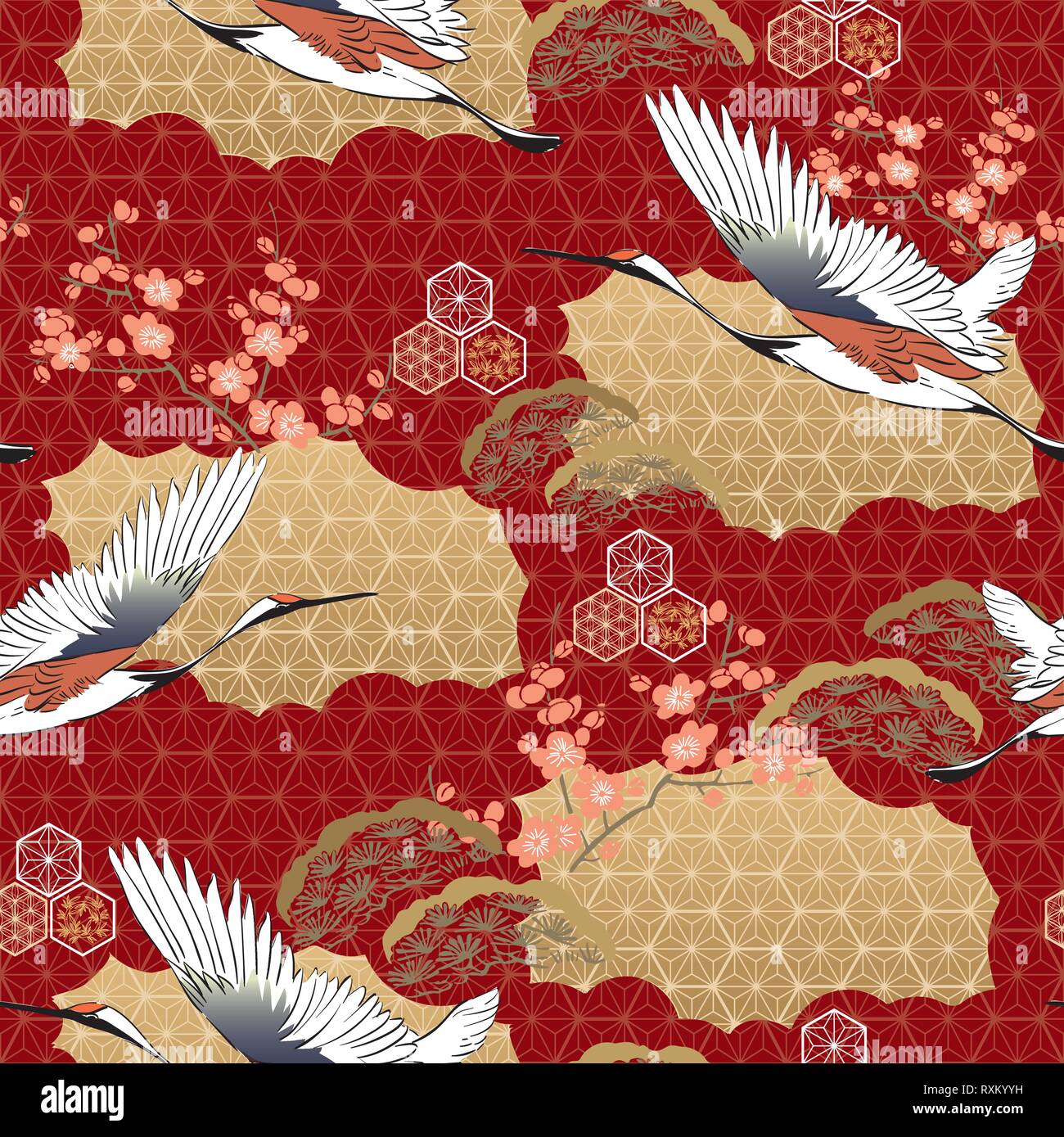 Motif kimono japonais. Cherry Blossom , grue oiseaux, pine tree avec motifs orientaux vecteur d'arrière-plan. Illustration de Vecteur