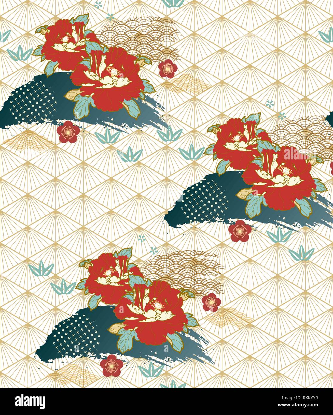 Modèle japonais avec fleur de pivoine fond vecteur. Modèle floral rouge asiatique. Illustration de Vecteur