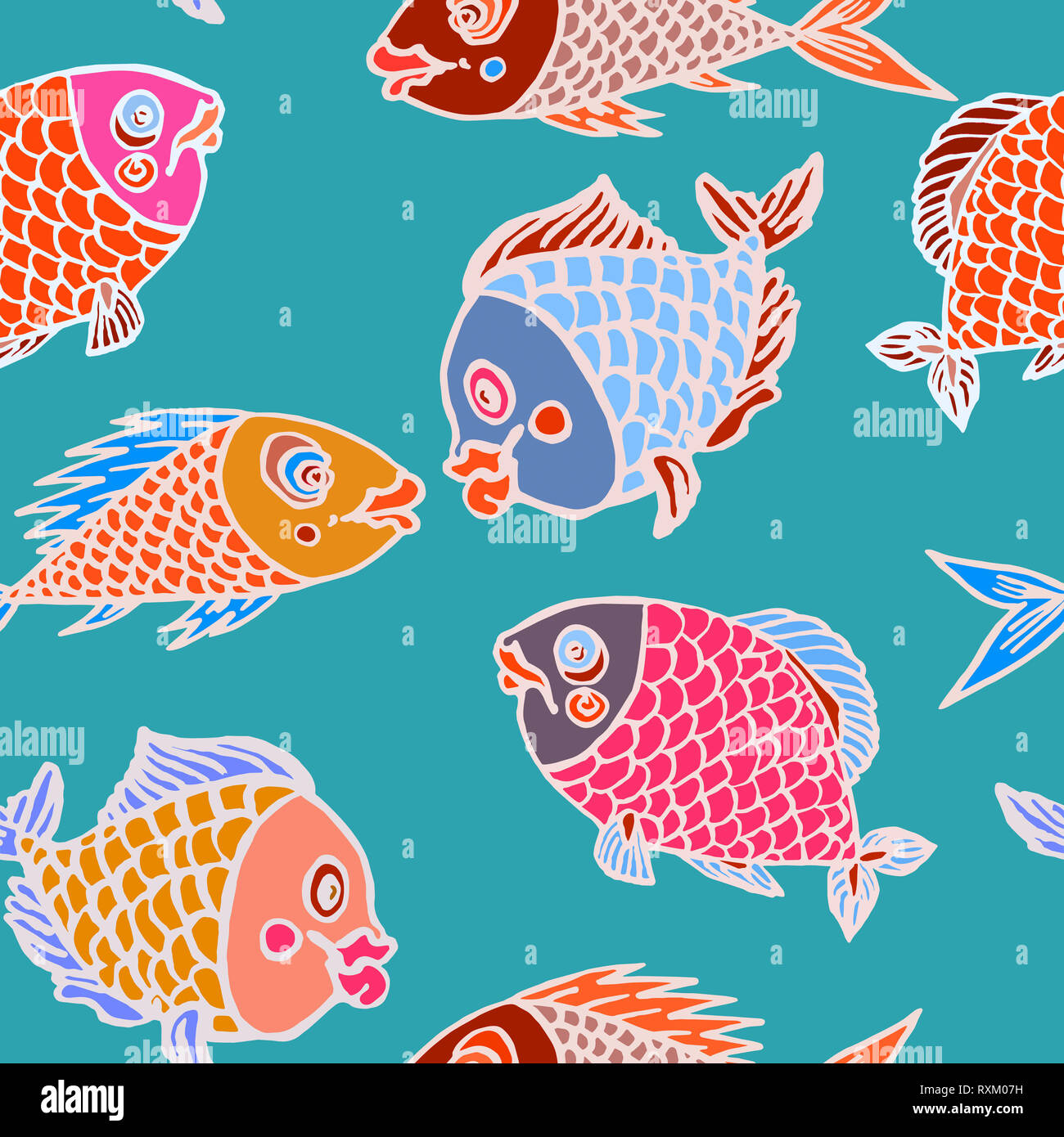Drôle de poissons colorés, hand drawn doodle, croquis en naïf, style pop art, contour blanc, pattern design transparente sur fond vert Banque D'Images