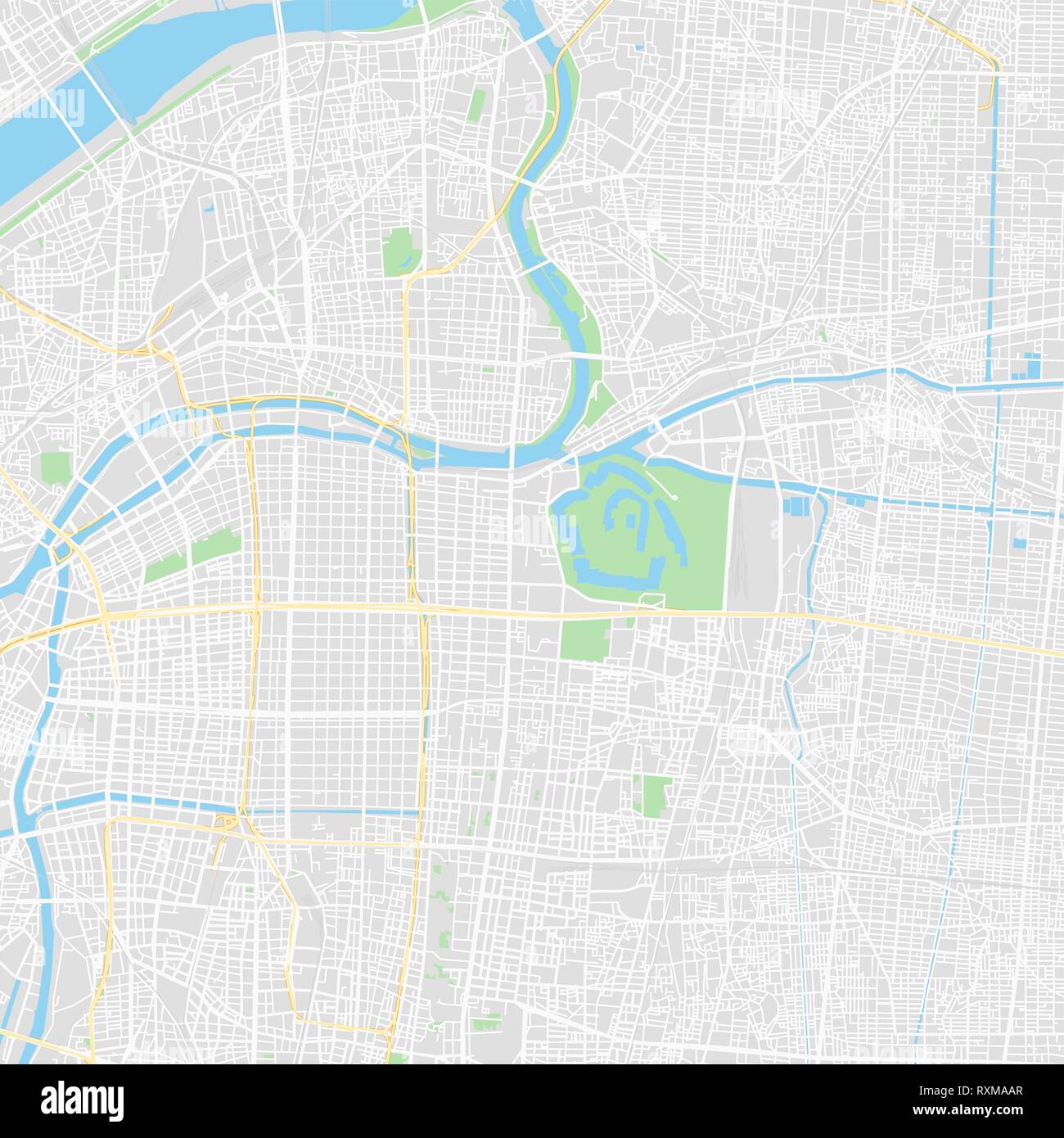 Carte vectorielle du centre-ville d'Osaka, au Japon. Cette carte imprimable de Osaka contient des lignes et des formes de couleur classique de masse terrestre, parcs, l'eau, majeure et mino Illustration de Vecteur