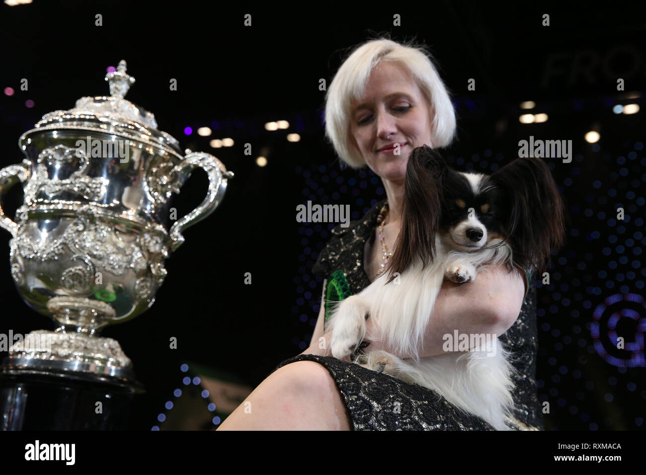 Dylan, un papillon à partir de la Belgique, avec Kathleen propriétaire Roosens après avoir remporté le Best in show lors de la dernière journée de la Crufts Dog Show 2019 au NEC de Birmingham. Banque D'Images