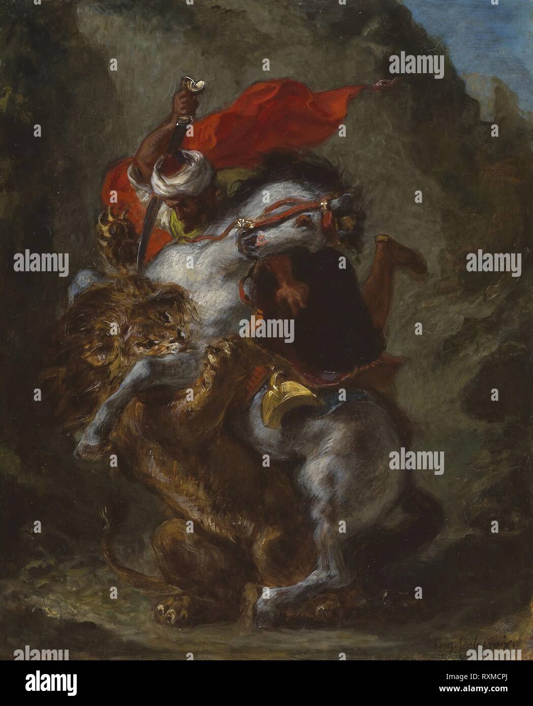 Cavalier arabe attaqué par un lion. Eugène Delacroix ; français, 1798-1863. Date : 1849-1850. Dimensions : 43,81 x 38,1 cm (17 1/4 x 15 in.). Huile sur panneau. Origine : France. Musée : le Chicago Art Institute. Banque D'Images