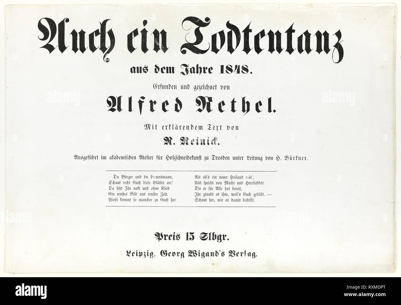 Auch ein Todtentanz, page de titre et texte. Alfred Rethel ; allemand, 1816-1859. Date : 1848. Dimensions : 293 x 411 mm (plié). Épreuve argentique en noir sur papier vélin ivoire. Origine : Allemagne. Musée : le Chicago Art Institute. Banque D'Images