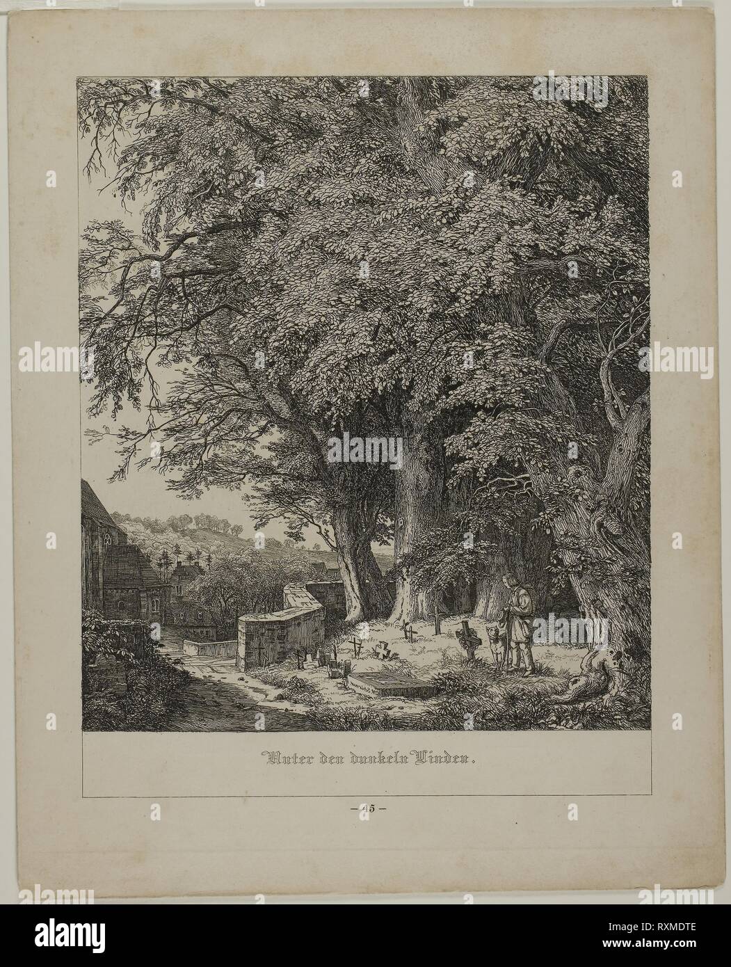 Sous l'ombre des tilleuls. Johann Wilhelm Schirmer, allemand, 1807-1863. Date : 1838. Dimensions : 212 x 186 mm (image) ; 288 x 230 mm (feuille). Gravure sur papier vélin ivoire. Origine : Allemagne. Musée : le Chicago Art Institute. Banque D'Images