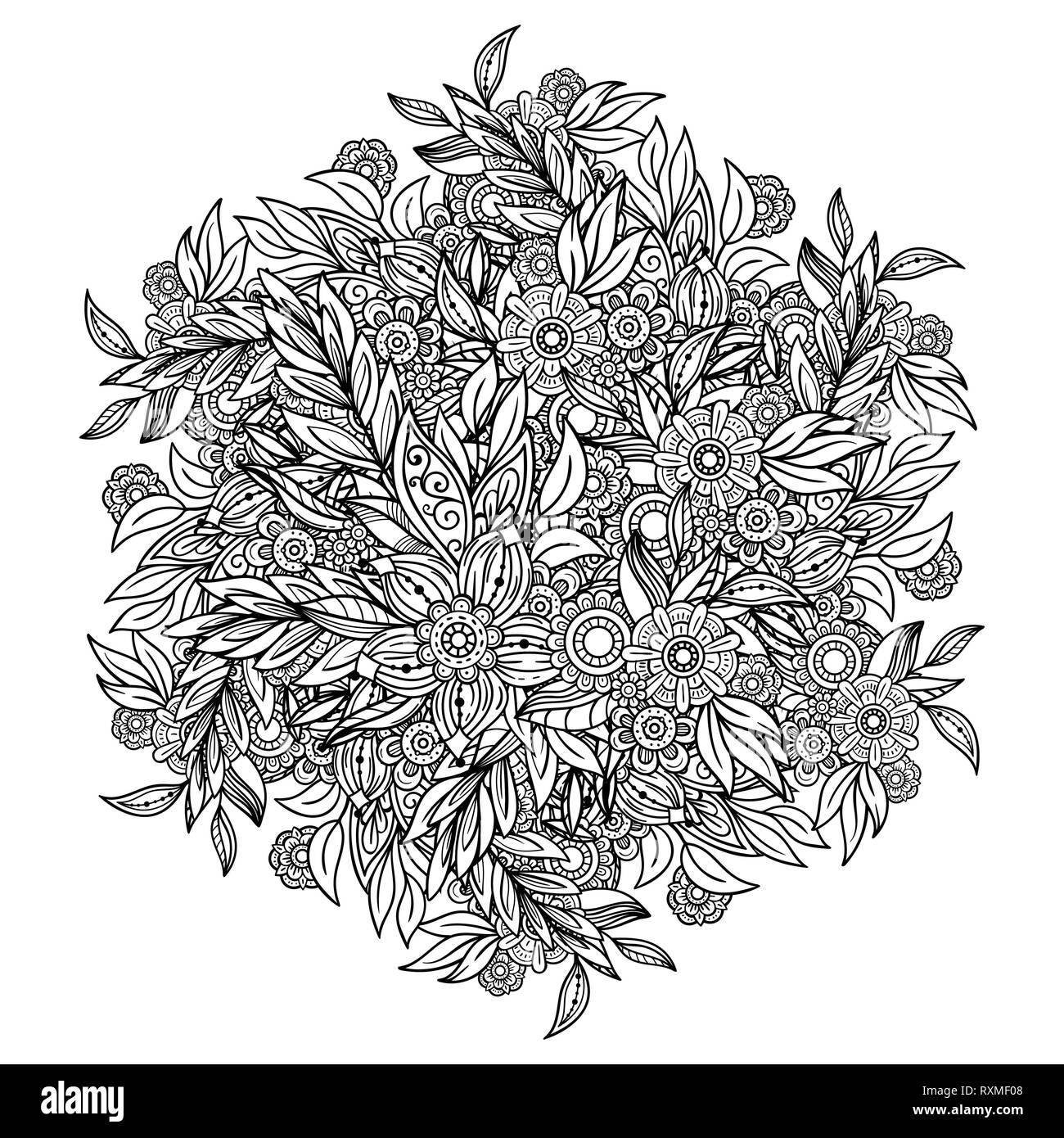 Page de coloriage adulte avec motif de fleurs. Couronne de doodle noire et blanche. Mandala floral. Illustration d'art de ligne de bouquet isolé sur fond blanc. Illustration de Vecteur