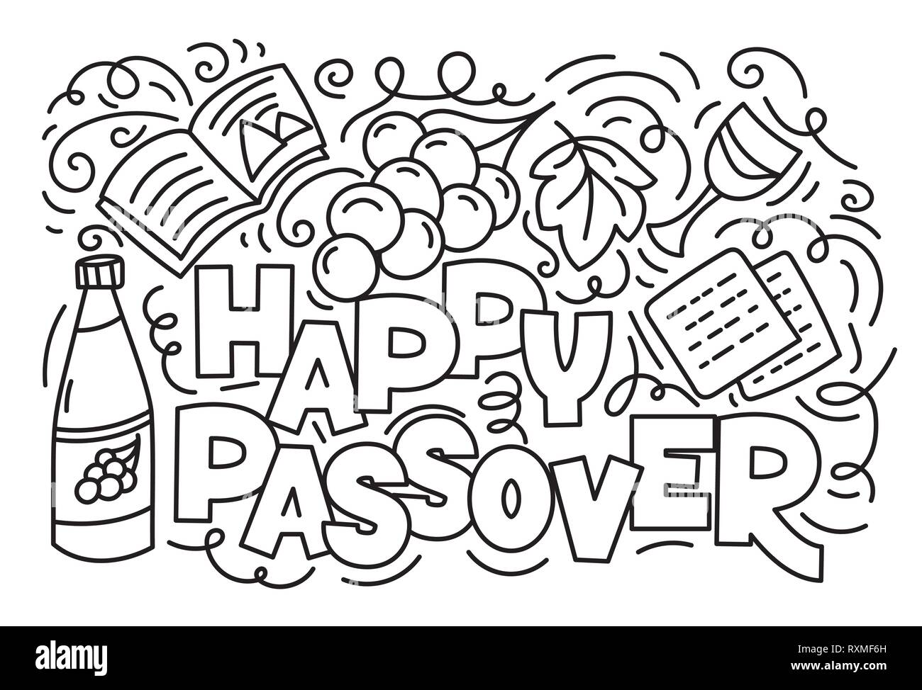 Carte de vœux de la Pâque (juive de Pessah). Texte en hébreu : happy Passover. Vector illustration noir et blanc style doodle. Isolé sur fond blanc. La page de coloriage Illustration de Vecteur