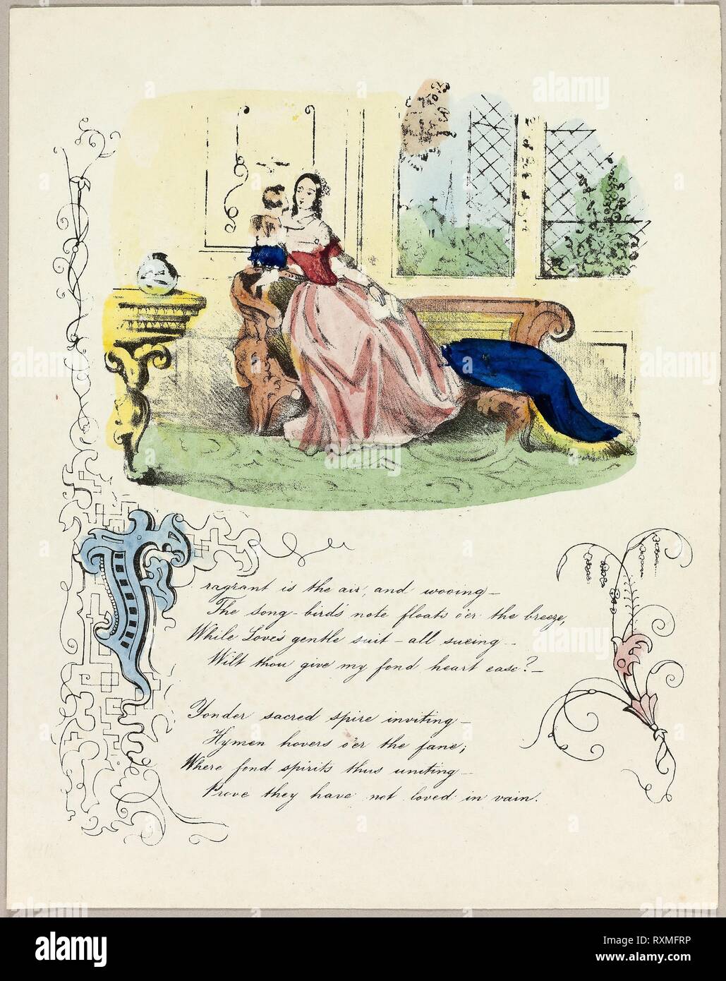 L'air est parfumé et courtisant (valentine). Artiste inconnu ; l'anglais, 19e siècle. Date : 1837-1847. Dimensions : 232 × 183 mm (tôle pliée). Lithographie à part-coloration sur vélin ivoire. Origine : Angleterre. Musée : le Chicago Art Institute. Banque D'Images