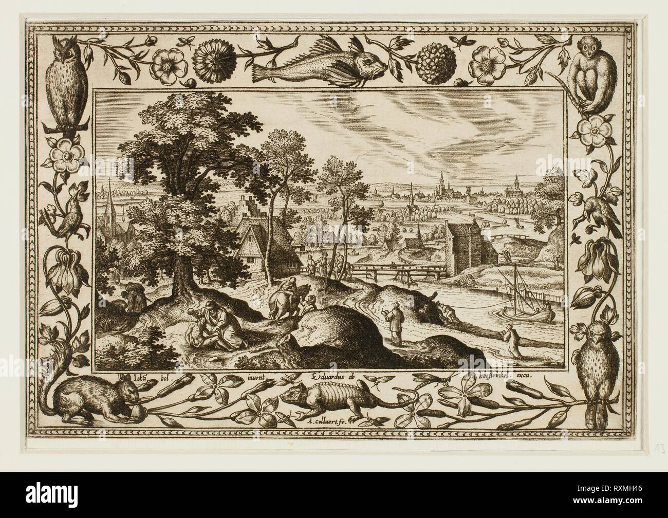 La Parabole du Bon Samaritain, de paysages avec des scènes de l'Ancien et du Nouveau Testament et des scènes de chasse. Adriaen Collaert (flamand), ch. 1560-1618) ; après Hans Bol (flamand, 1535-1593) ; publié par Anna van Hoeswinckel (flamand). Date : 1584. Dimensions : 143 × 200 mm (image/soutien primaire, parés à l'intérieur d'une plaque marque) ; 176 × 238 mm (support secondaire). Gravure en noir sur papier vergé crème, fixées sur papier vergé crème. Origine : la Flandre. Musée : le Chicago Art Institute. Auteur : Adriaen Collaert. II Banque D'Images