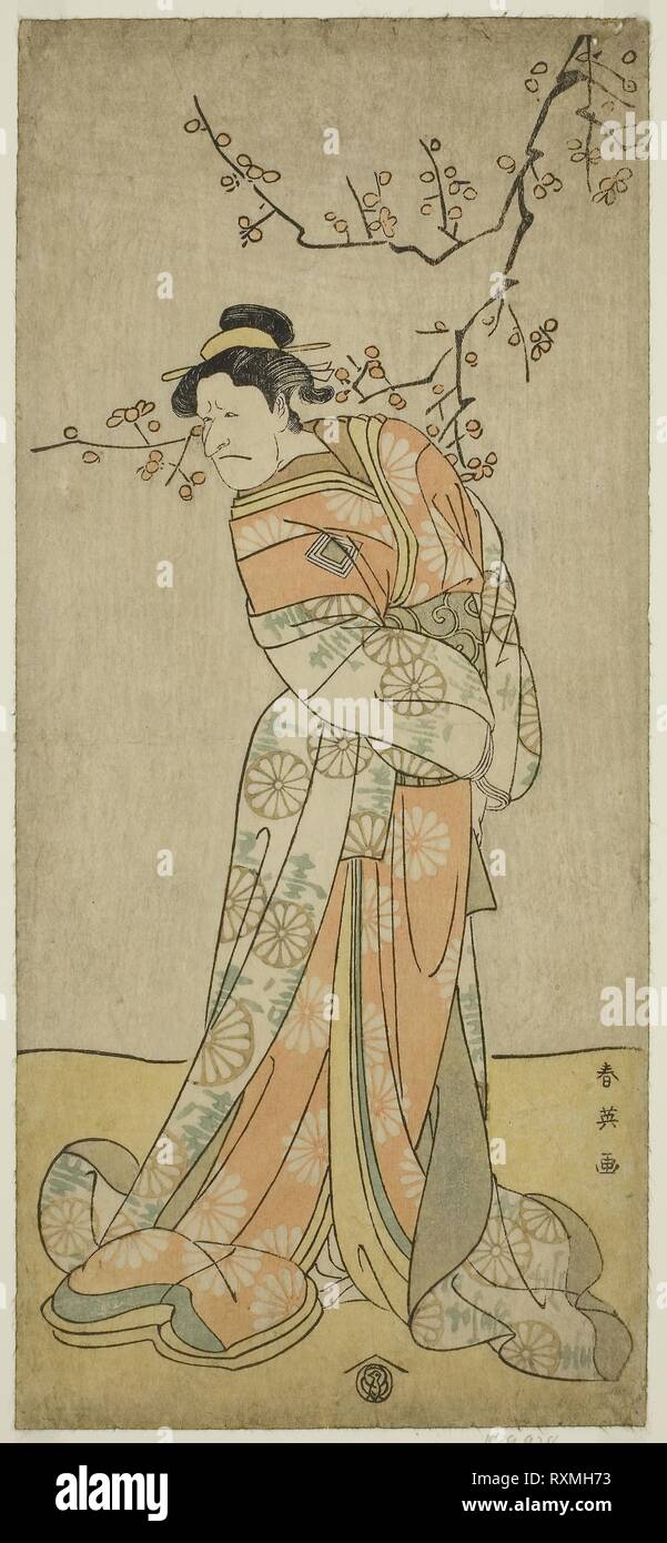L'Acteur Ebizo Ichikawa Danjuro (V) que la dame d'Iwafuji dans les Play-Gozen gakari Soga Sumo, joué au Théâtre Kawarazaki au Premier Mois, 1793 ( ?). Katsukawa Shun'ei ; japonais, 1762-1819. Date : 1788-1798. Dimensions : 32,5 x 14,6 cm (12 13/16 x 5 3/4 in.). Gravure sur bois en couleur ; hosoban ; droit feuille de diptyque ( ?). Origine : Japon. Musée : le Chicago Art Institute. Banque D'Images