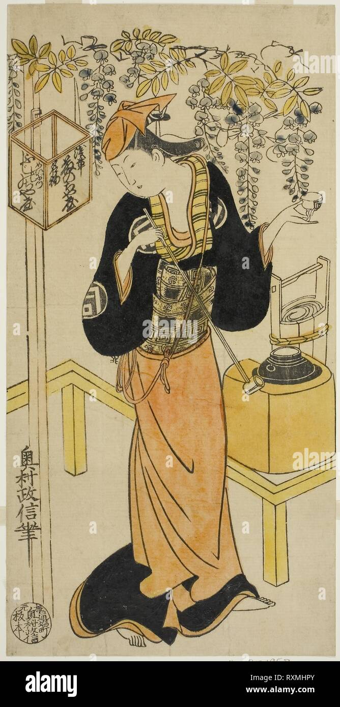L'Acteur Sanogawa Mangiku I comme Ohatsu dans la pièce "ogazaki Shinju,' effectué au Théâtre Nakamura dans le quatrième mois, 1719. Okumura Masanobu, Japonais, 1686-1764. Date : 1719. Dimensions : 30,3 x 15,2 cm. À la main, gravure sur bois ; hosoban, l'urushi-e. Origine : Japon. Musée : le Chicago Art Institute. Banque D'Images