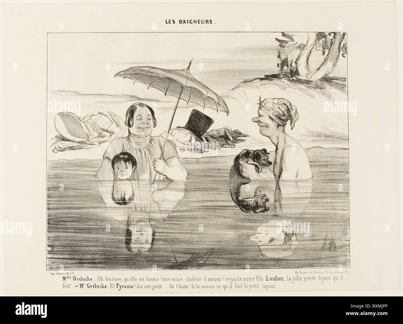 Madame Greluche : 'Oh, Gustave, c'est bon ! Une vraie chaleur ! Regardez notre fils Loulou ; le visage mignon il fait !" Monsieur Greluche : 'Et Pyramus, il a peur, peur comme un chien. Si vous saviez ce qu'il fait en ce moment, le petit coquin,' planche 4 De : les baigneurs. Honoré Daumier Victorin ; français, 1808-1879. Date : 1839. Dimensions : 197 × 201 mm (image) ; 325 × 260 mm (feuille). Lithographie en noir sur papier vélin ivoire. Origine : France. Musée : le Chicago Art Institute. Auteur : Honoré-Victorin Daumier. Banque D'Images