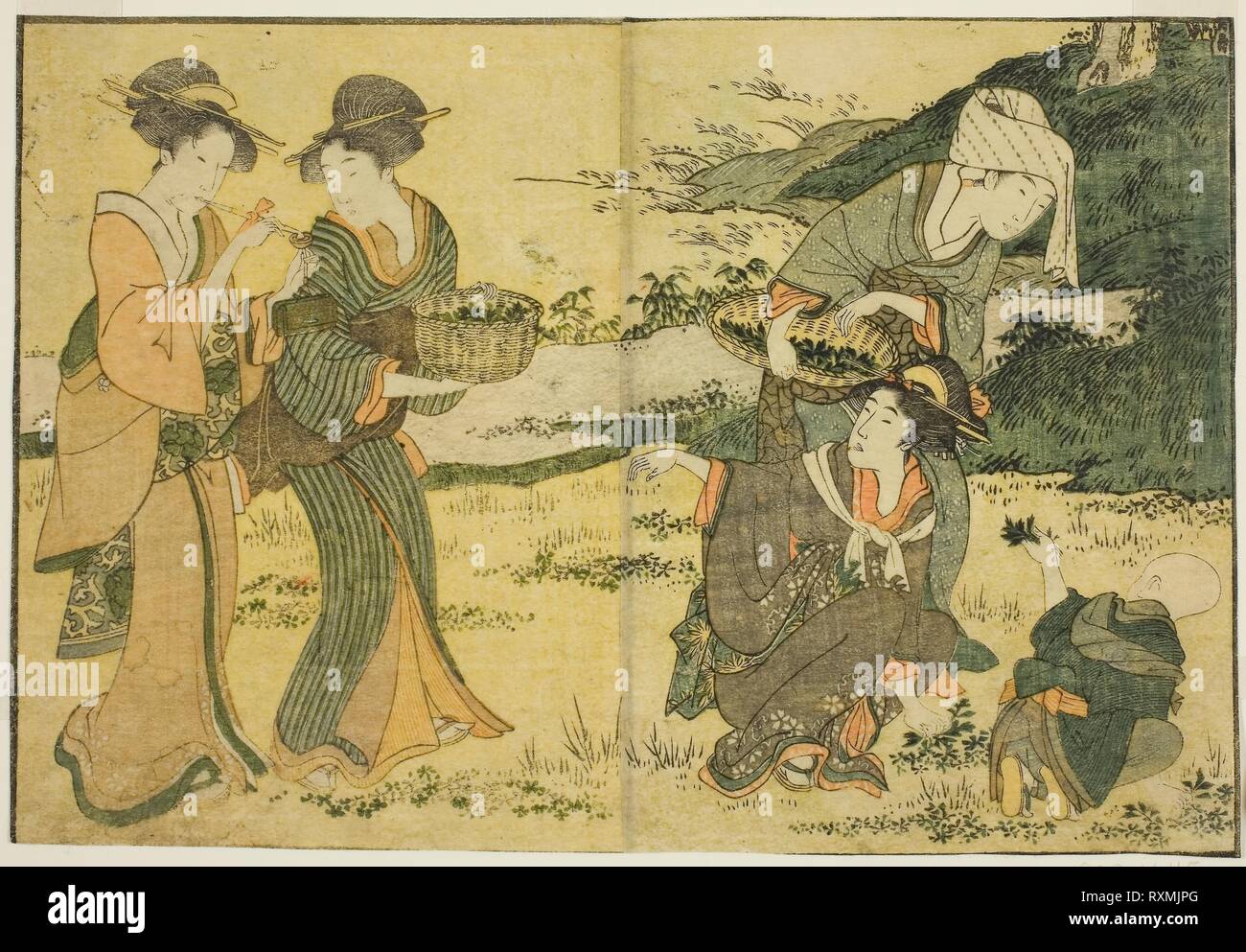 Au printemps, à partir de la collecte d'herbes le livre illustré 'Photo Book : Fleurs des Quatre Saisons (Ehon shiki no hana), 1'. Kitagawa Utamaro ? ? ?  ? ? ; Japonais, 1753 ( ?)-1806. Date : 1801. Dimensions : . Gravure sur bois en couleur, double-page illustration de livre. Origine : Japon. Musée : le Chicago Art Institute. Banque D'Images