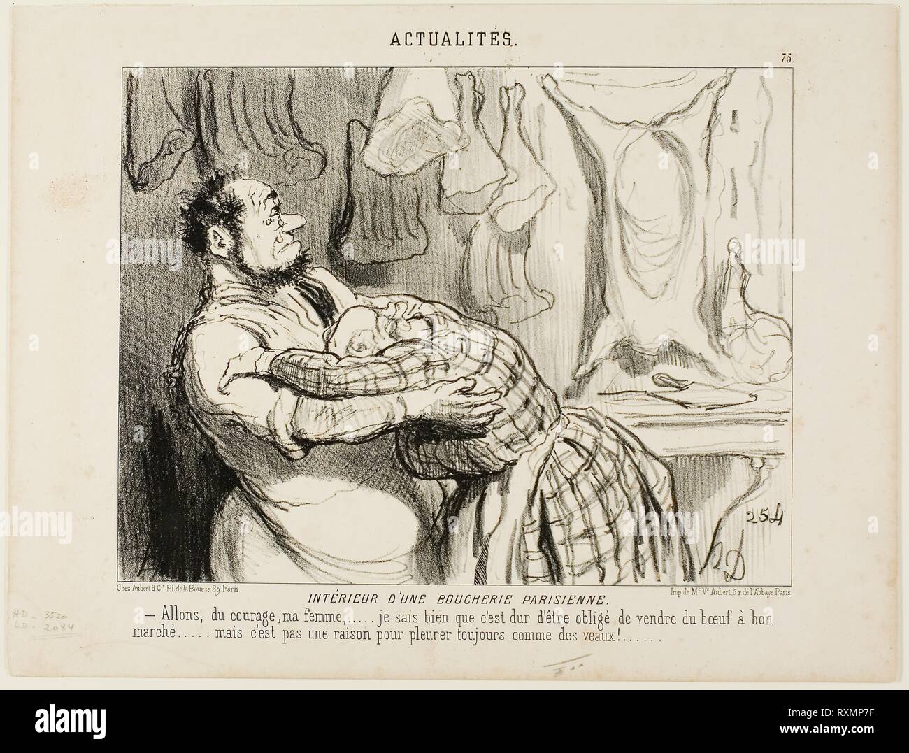 À l'intérieur d'une boucherie à Paris. "Venez sur mon cher..... Je sais qu'il est difficile de vendre notre boeuf aussi bon marché que que..... mais ce n'est pas une raison pour pleurer comme un veau !", à partir de la plaque 75 Actualités. Honoré Daumier Victorin ; français, 1808-1879. Date : 1851. Dimensions : 200 × 261 mm (image) ; 262 × 245 mm (feuille). Lithographie en noir sur papier vélin ivoire. Origine : France. Musée : le Chicago Art Institute. Auteur : Honoré-Victorin Daumier. Banque D'Images