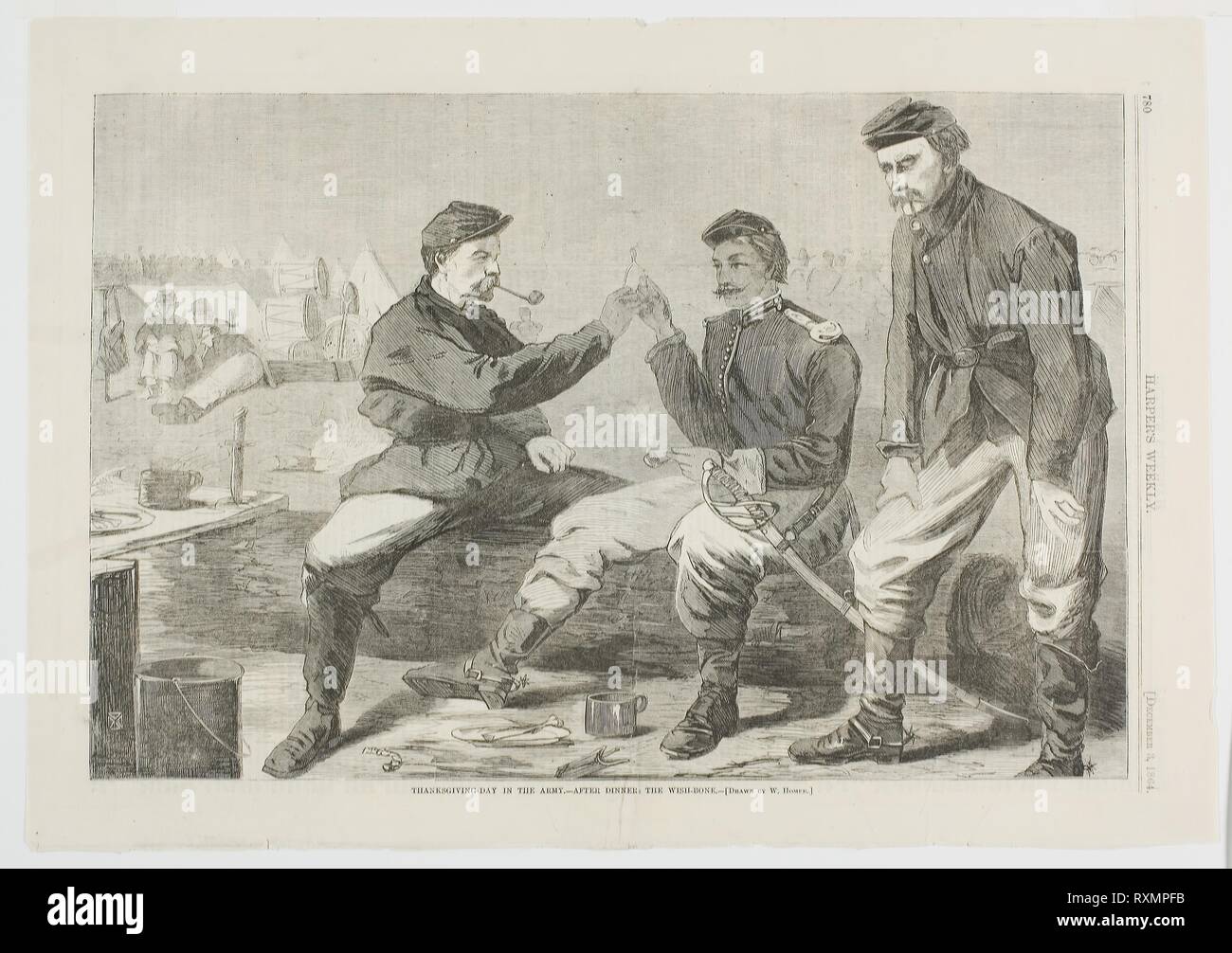 L'action de grâce dans l'armée--après le dîner : le souhait de l'os. Winslow Homer (Américain, 1836-1910) ; publié par Harper's Weekly (Américain, 1857-1916). Date : 1864. Dimensions : 233 x 352 mm (image) ; 282 x 402 mm (feuille). La gravure sur bois sur papier. Origine : Etats Unis. Musée : le Chicago Art Institute. Banque D'Images