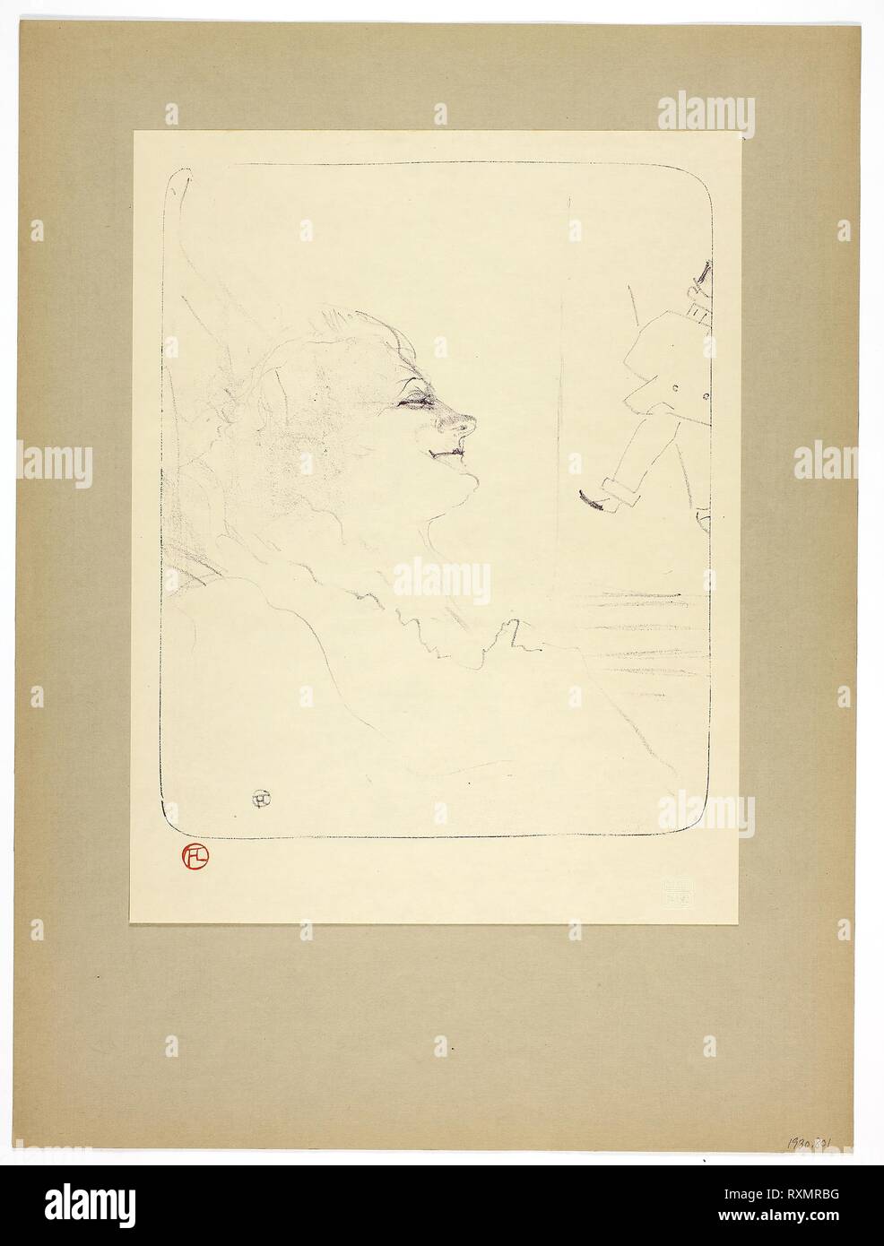 Pessima, trois à partir de la plaque d'Yvette Guilbert. Henri de Toulouse-Lautrec (Français, 1864-1901) ; imprimé par Westminster Press (Anglais, 20e siècle) ; publié par le Ernest Brown &AMP ; Phillips (anglais, 20ème siècle). Date : 1898. Dimensions : 297 × 242 mm (image) ; 349 × 268 mm (support principal) ; 497 × 371 mm (support secondaire). Lithographie (crayon) en violet ou violet sur vélin crème à charnière aux coins supérieurs à brun-gris papier vélin. Origine : France. Musée : le Chicago Art Institute. Banque D'Images