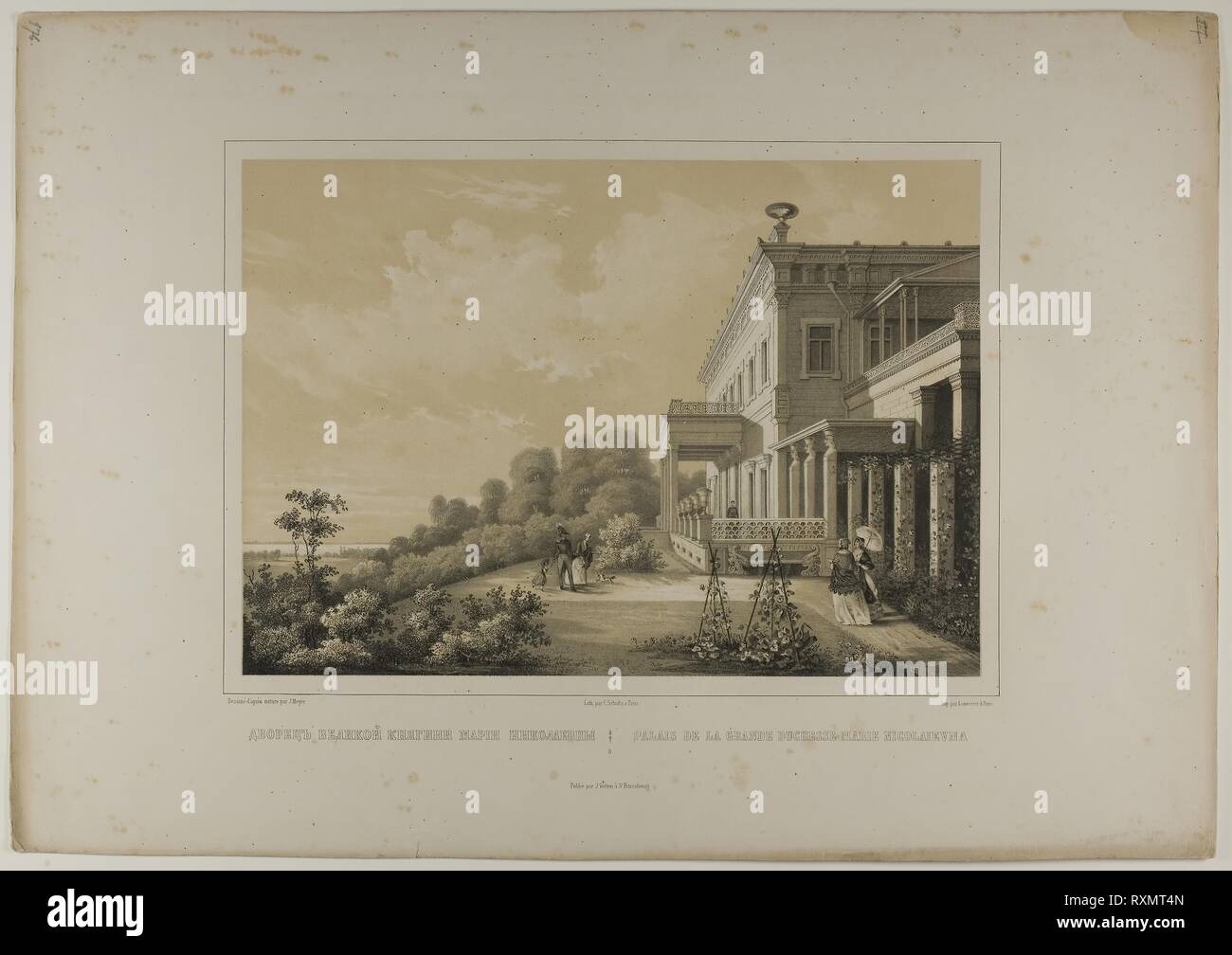 Palais de la grande-duchesse Marie Nicolaievna. C. Schultz (peut-être l'allemand, l'actif. c. 1820-1830) ; d'après J. Meyer. Date : 1815-1825. Dimensions : 243 × 349 mm (image) ; 400 × 570 mm (feuille). Lithographie en noir avec deuxième pierre de teinte sur vélin ivoire. Origine : Allemagne. Musée : le Chicago Art Institute. Auteur : C. Schultz. ANDREJ IWANOWITSCH STACKENSCHNEIDER. JEGOR JEGOROWITSCH MEIER. Banque D'Images