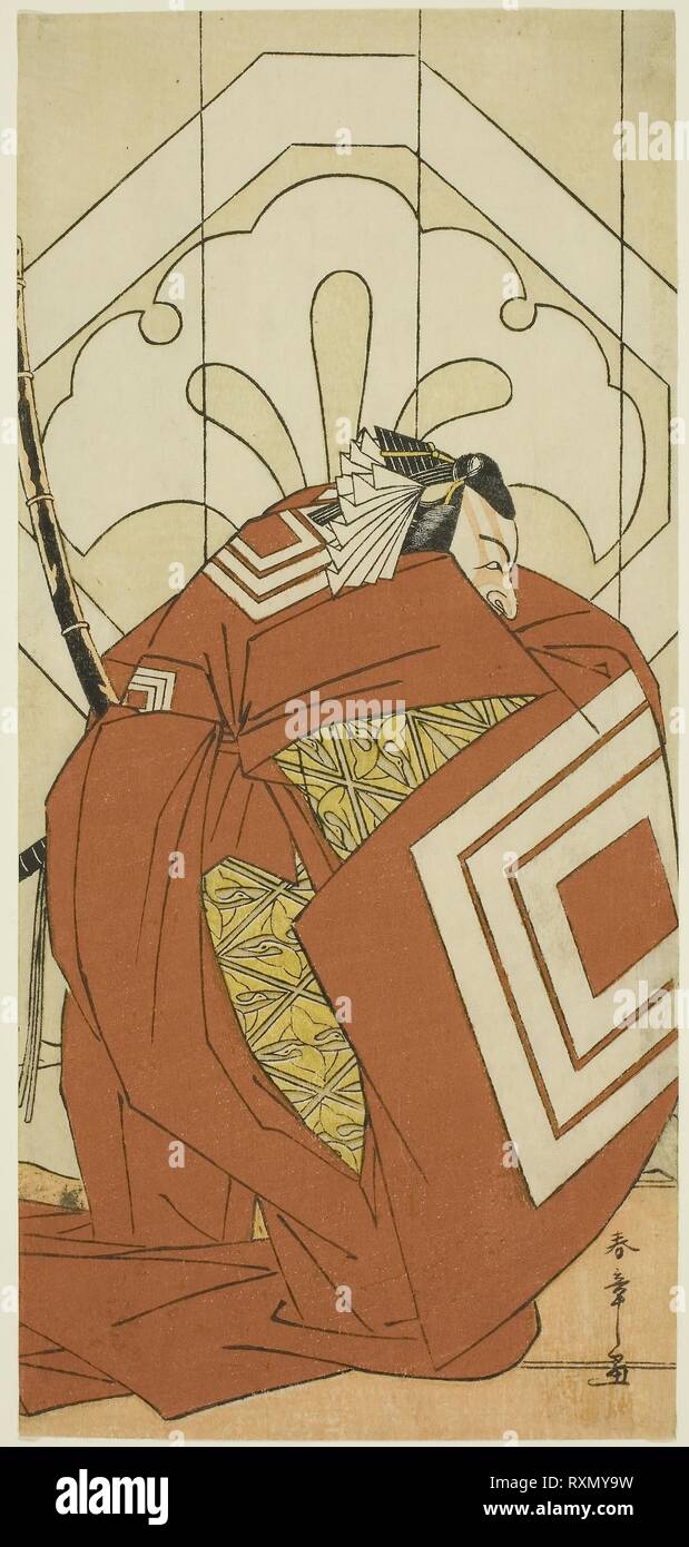 L'Acteur Ichikawa Danjuro V dans un "rôle" hibaraku, probablement comme Hyoeisa Kato Shigemitsu, dans la troisième scène de la pièce no Kammuri Takadaya Hatsuyuki (la première neige sur Taira no Takadaya's Court coiffure), joué au Théâtre Nakamura dans le onzième mois, 1777. Katsukawa Shunsho ? ?  ? ? ; Japonais, 1726-1792. Date : 1772-1782. Dimensions : 29 × 13,4 cm (11 1/4 x 5 7/16 in.). Gravure sur bois en couleur ; hosoban. Origine : Japon. Musée : le Chicago Art Institute. Banque D'Images