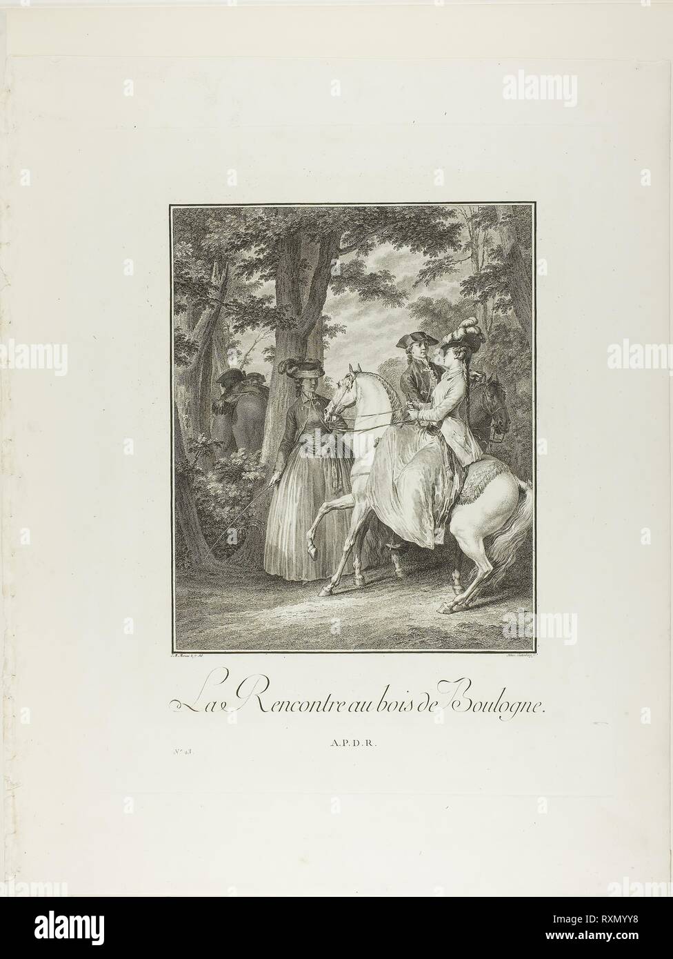 Rencontre dans les bois de Boulogne, du monument du costume physique et moral de la fin du dix-huitième siècle. Heinrich Guttenberg (allemand, 1749-1818) ; après, Jean Michel Moreau (Français, 1741-1814) ; publié par Laurent-François Prault (français 1712-1780). Date : 1776-1783. Dimensions : 272 x 220 mm (image) ; 411 x 321 mm (plaque) ; 514 x 410 mm (feuille, pliée). Gravure sur papier. Origine : Allemagne. Musée : le Chicago Art Institute. Banque D'Images