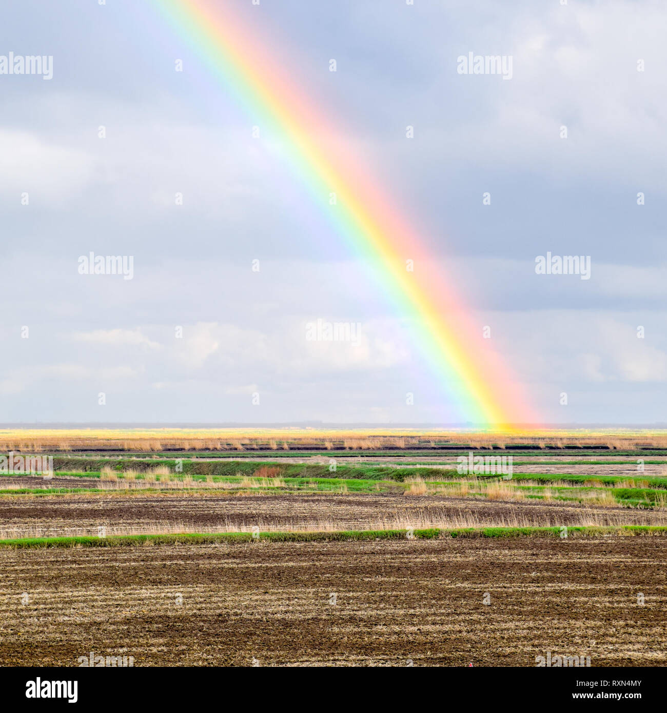 Arc-en-ciel, une vue sur le paysage dans le domaine. Formation de l'arc en ciel après la pluie. La réfraction de la lumière et de l'expansion en termes de spectres. Banque D'Images
