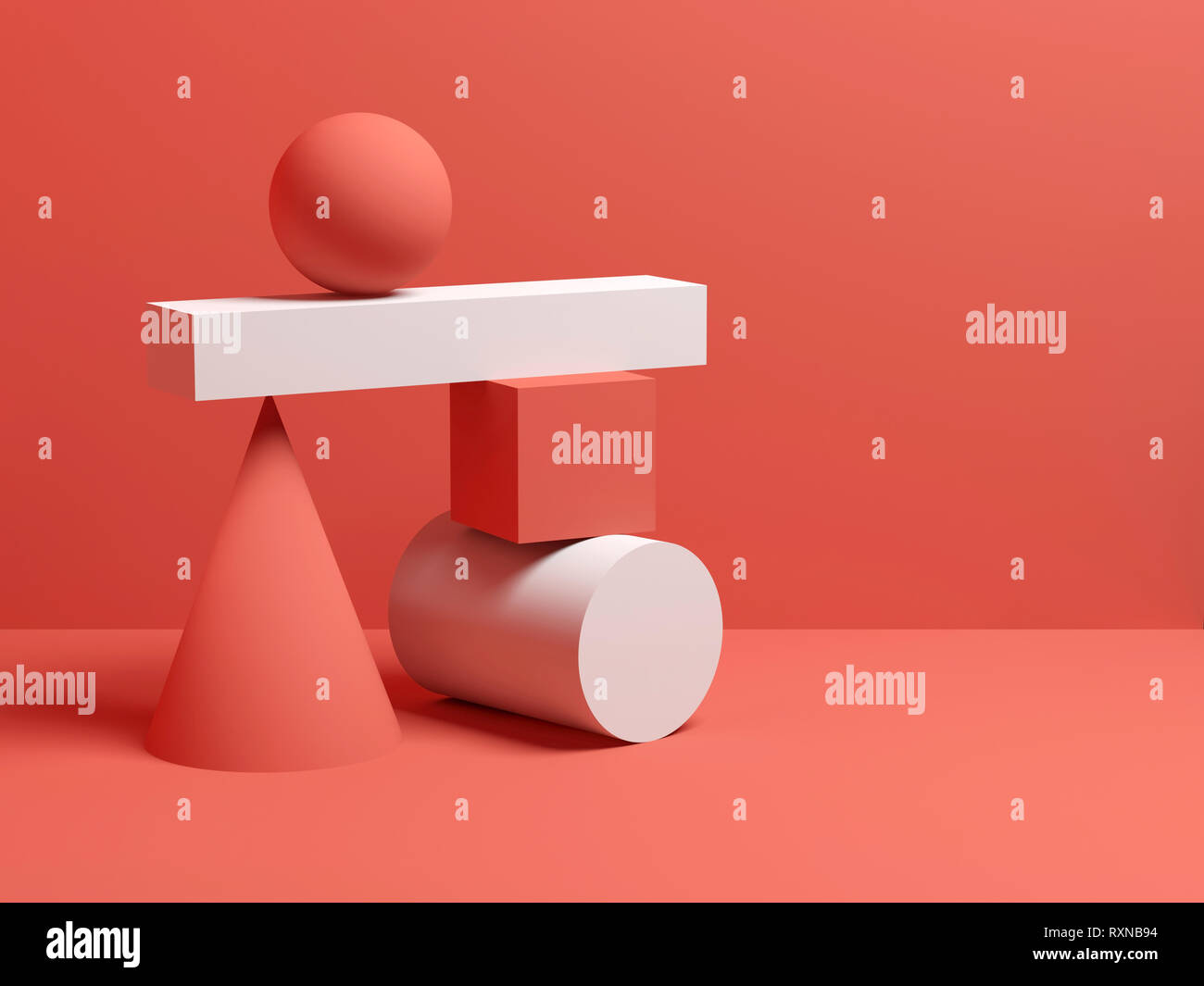 Résumé de l'installation d'équilibre vie encore rouge et blanc avec des formes géométriques primitives. Illustration 3D render Banque D'Images