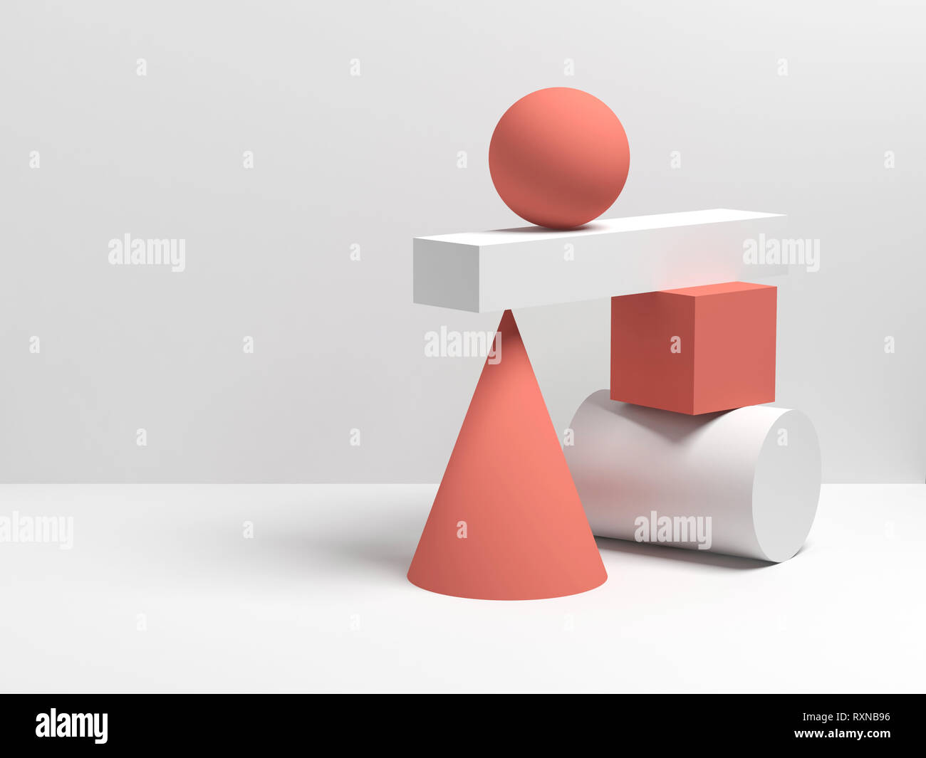Résumé de la vie de l'installation d'équilibre toujours le rouge et le blanc des formes géométriques primitives. Illustration 3D render Banque D'Images