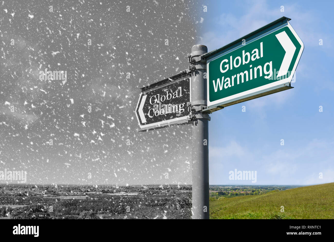 Le réchauffement de la vs refroidissement global concept signe, montrant plus chaude et un temps plus frais au cours d'une période de changement climatique. Banque D'Images