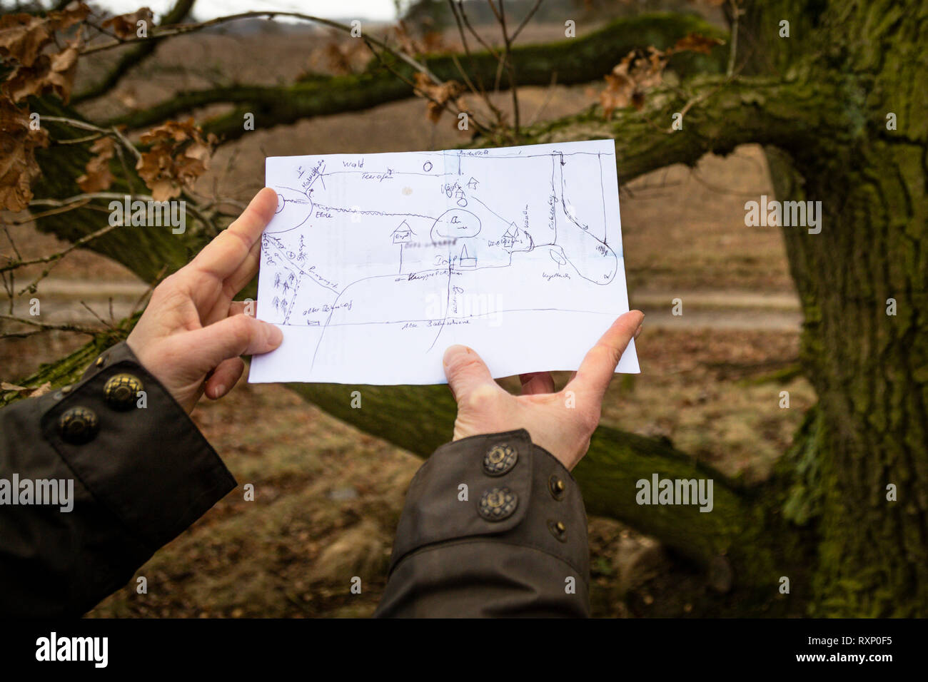 Croquis dessiné à la main pour un magnifique sentier de randonnée autour de Fincken am See, Allemagne Banque D'Images