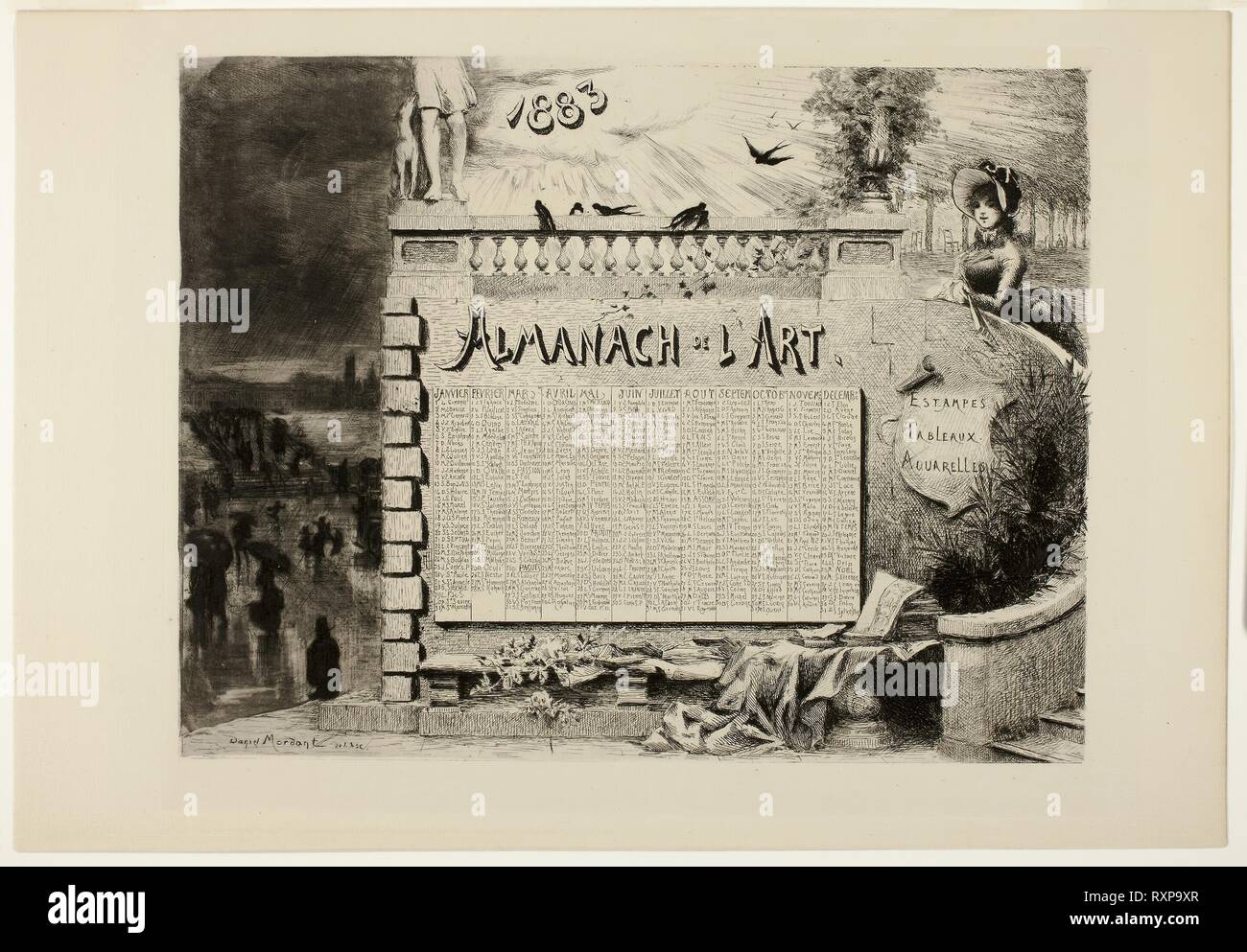 Almanach pour l'art. Daniel Charles Marie Mordant ; français, ch. 1853-1914. Date : 1883. Dimensions : 247 × 322 mm (image) ; 279 × 331 mm (plaque) ; 298 × 431 mm (feuille). L'eau-forte, pointe sèche, aquatinte, avec la plaque et le ton, sur papier vergé crème. Origine : France. Musée : le Chicago Art Institute. Banque D'Images