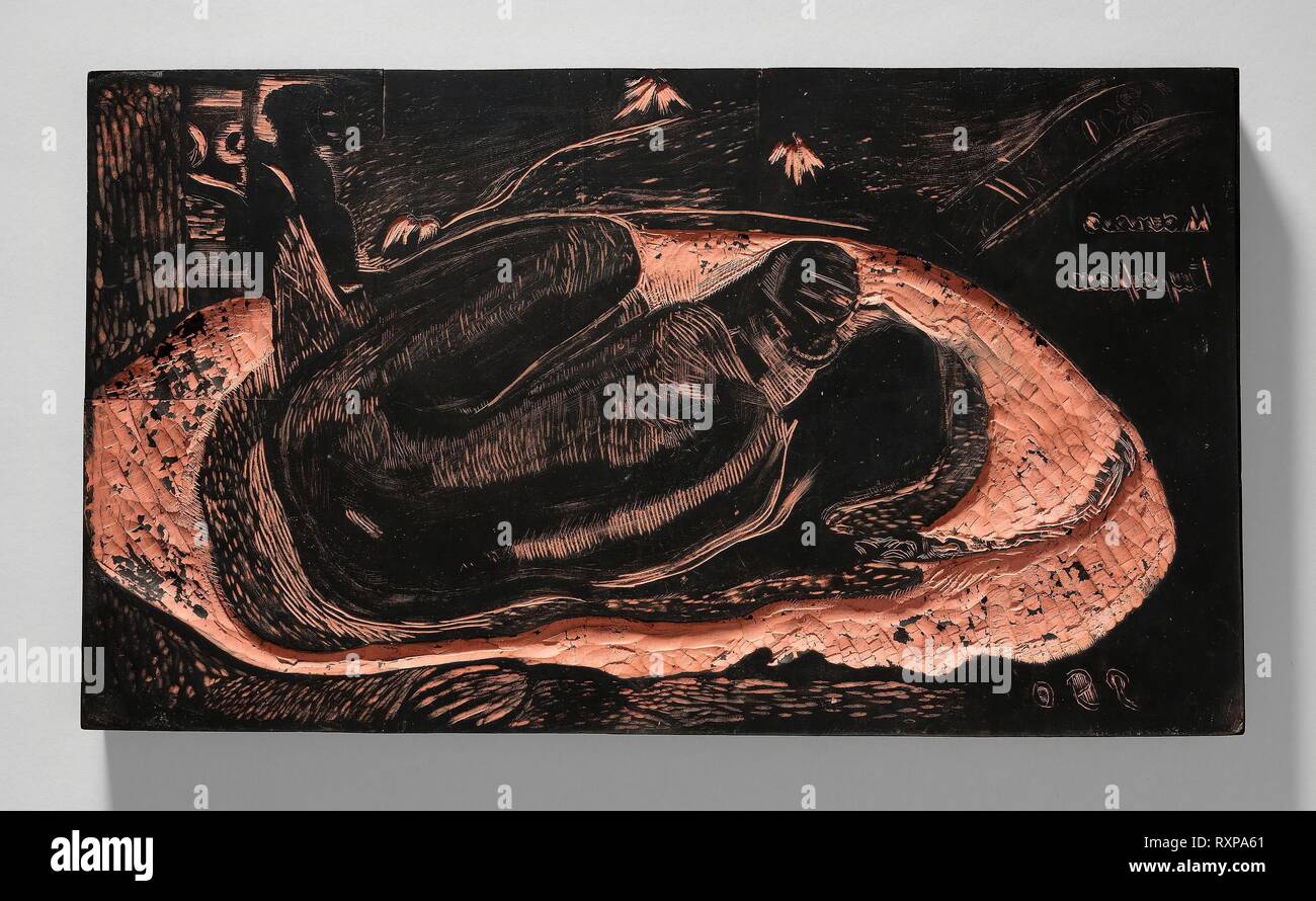 Manao tupapau (elle pense à l'ombre ou le fantôme pense à sa), à partir de la suite Noa Noa. Paul Gauguin ; français, 1848-1903. Date : 1893-1894. Dimensions : 204 × 353 × 23 mm. Grain fin bloc de buis, avec un sol gris préparé commercialement, scellé avec un moyen d'huile rose opaque, et encré à l'encre noire. Origine : France. Musée : le Chicago Art Institute. Banque D'Images