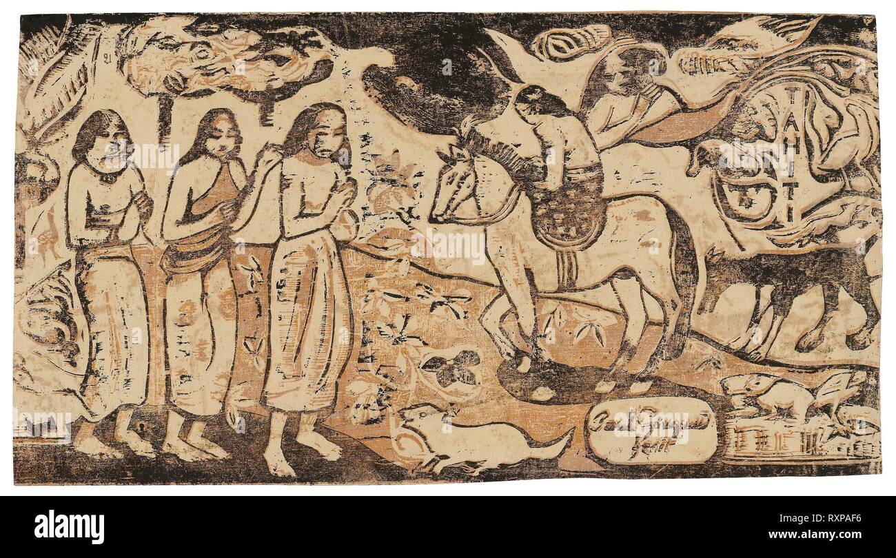 Changement de résidence, de la suite de la fin de Wood-Block s'imprime. Paul Gauguin ; français, 1848-1903. Date : 1899. Dimensions : 164 × 301 mm (image) ; 165 × 301 mm (primaire / secondaire). Deuxième impression à l'état prévu sur la première impression à l'état d'impression de bloc de bois deuxième état dans l'encre noire sur papier Japon ivoire mince, fixées sur le bois-d'impression bloc de premier état en ocre-gris de l'encre sur papier vélin ivoire (recto) ; wood-block imprimer à l'encre noire et de l'huile de lin oxydée (est.) sur papier vélin ivoire-gris (impression offset partielle du second État) (verso). Origine : France. Musée : Le Chicago un Banque D'Images