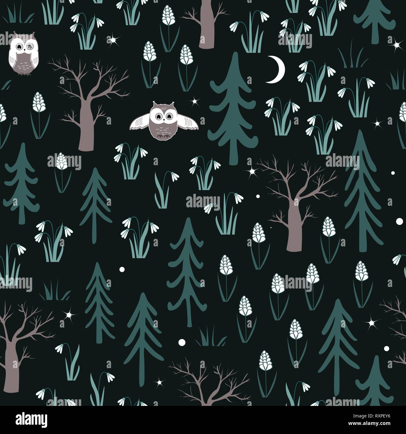 Forêt de printemps modèle transparent avec des oiseaux, des fleurs, et des arbres. Vecteur Douce nuit fond de bois de printemps. Illustration de Vecteur