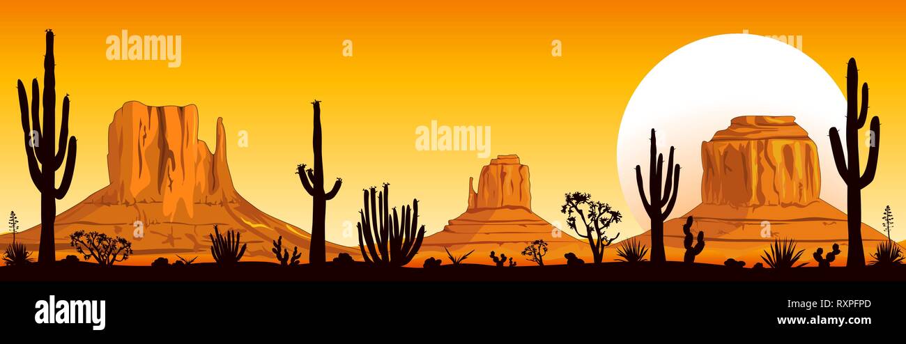 Rocky paysage désert. Montagnes et des cactus. Coucher de soleil dans le désert. Monument Valley en Arizona et l'Utah. Illustration de Vecteur