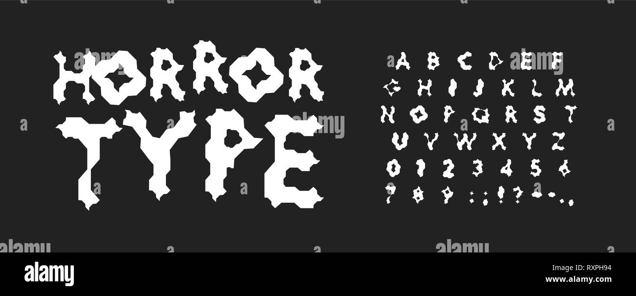 L'horreur des chiffres et des lettres. Vector cartoon style effrayant alphabet latin. Pour les polices, jeux pour enfants zone, logos, bannière, monogramme et poster. Typographie Illustration de Vecteur