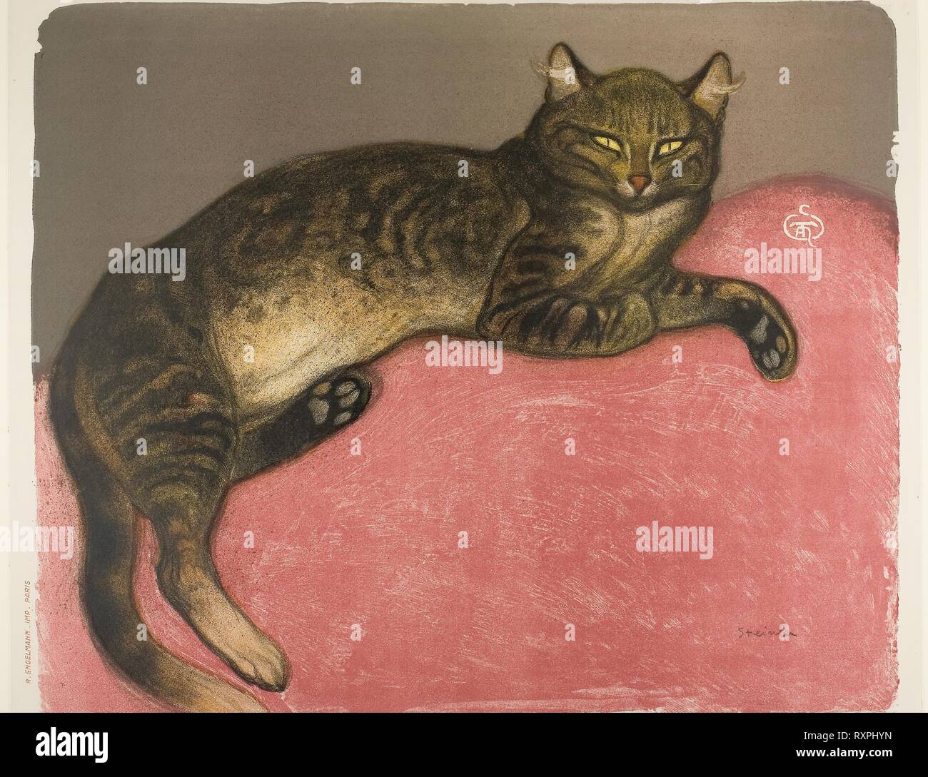 Hiver : chat sur un coussin. Théophile-Alexandre Steinlen ; français, né en Suisse, 1859-1923. Date : 1909. Dimensions : 494 × 589 mm (image) ; 503 × 621 mm (feuille). Lithographie en 6 couleurs (rouge, ocre, jaune, noir, gris-brun, brun) à partir de deux pierres, avec le grattage sur pierre, sur papier vélin ivoire. Origine : France. Musée : le Chicago Art Institute. Auteur : Pierre Théophile-Alexandre Steinlen. Banque D'Images