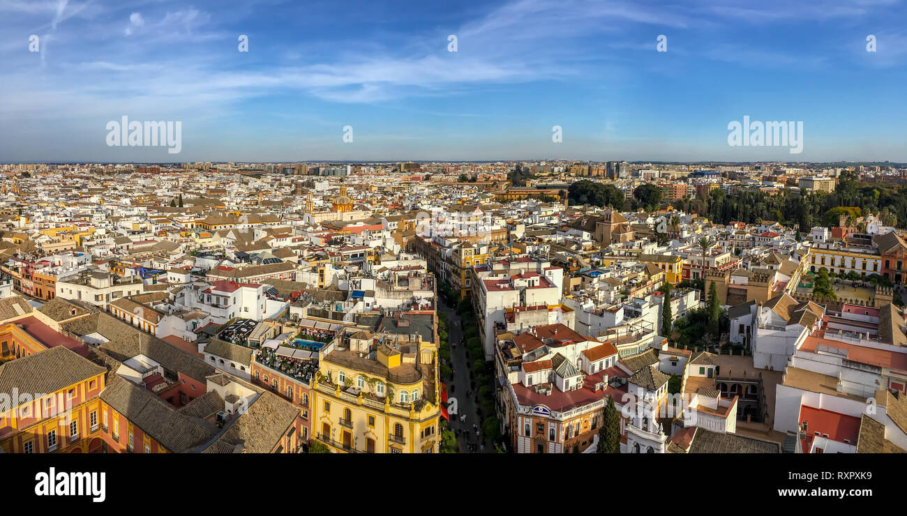 Vue aérienne de Séville depuis le toit de la cathédrale, Andalousie, Espagne Banque D'Images