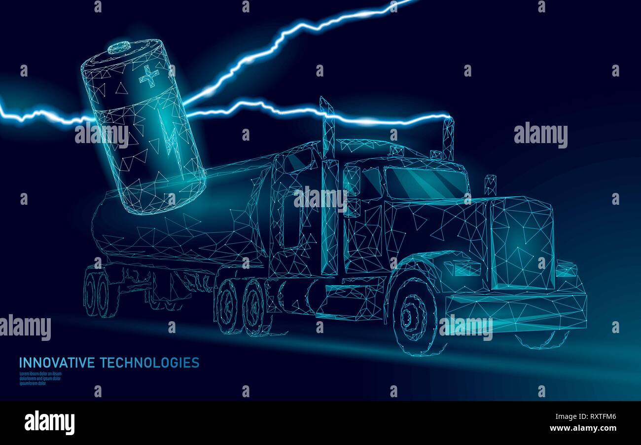 Power Battery electric truck low poly.environnement écologique Rechargeable green business transport remorque. Vitesse rapide semi-remorque en perspective Illustration de Vecteur